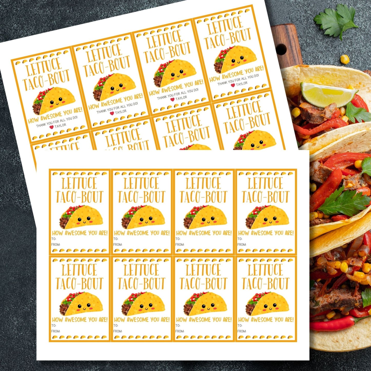Fun and colorful Cinco de Mayo gift tags featuring a smiling taco with Lettuce Taco-Bout How Awesome You Are! text, designed to brighten anyone's day.