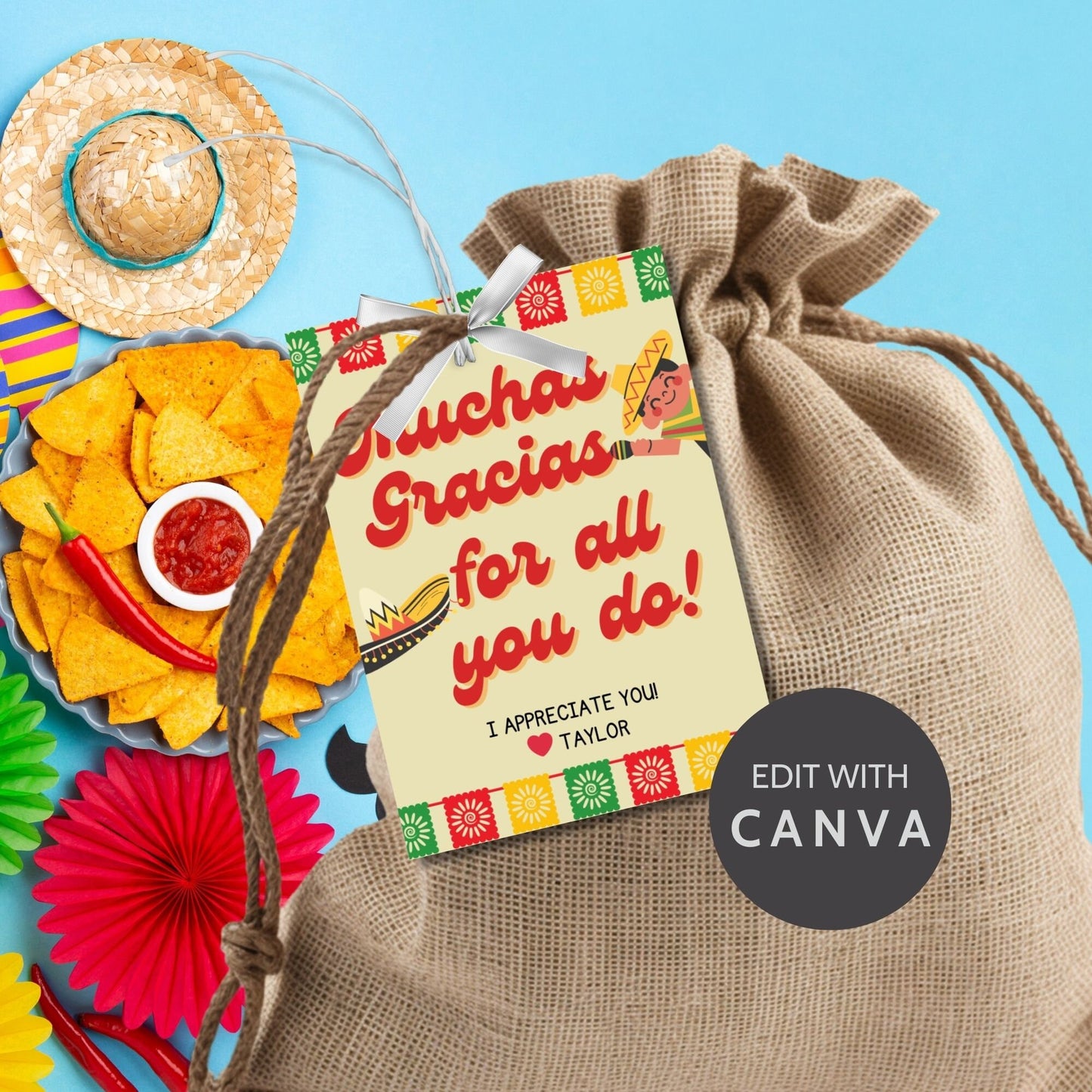 Colorful Muchas Gracias gift tags for Cinco de Mayo in multiple designs with floral and geometric borders, ready-to-print and editable via a Canva link. Ideal for teachers, staff, and more.