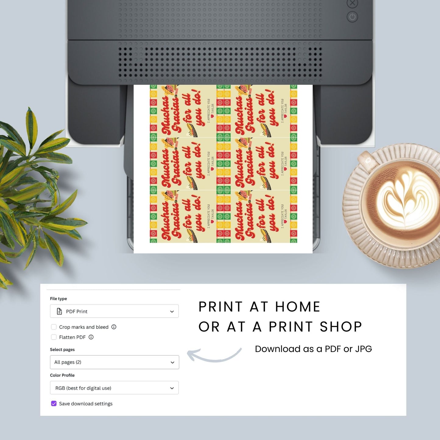 Colorful Muchas Gracias gift tags for Cinco de Mayo in multiple designs with floral and geometric borders, ready-to-print and editable via a Canva link. Ideal for teachers, staff, and more.