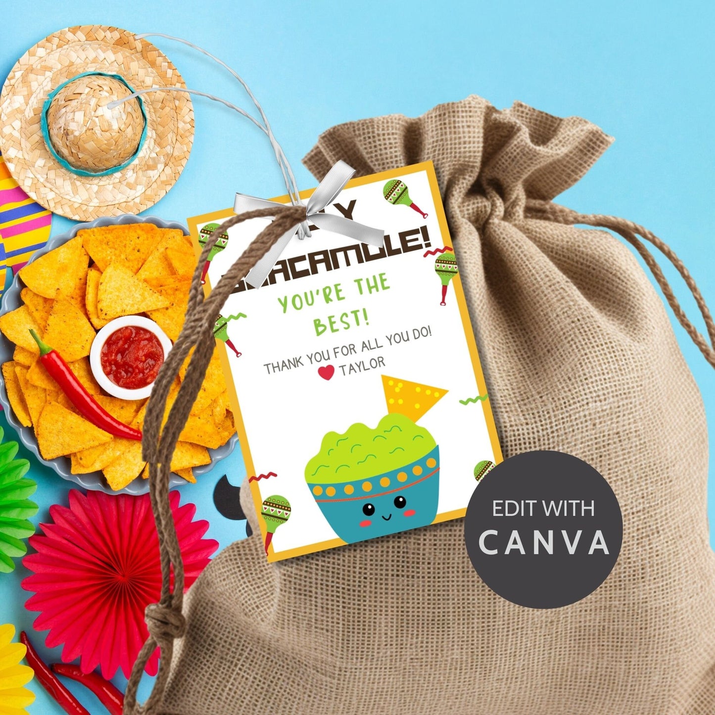 Festive Holy Guacamole! You're the Best! gift tags featuring cute guacamole bowls, decorated with maracas and nachos, available as ready-to-print and editable Canva templates. Perfect for appreciation gifts.