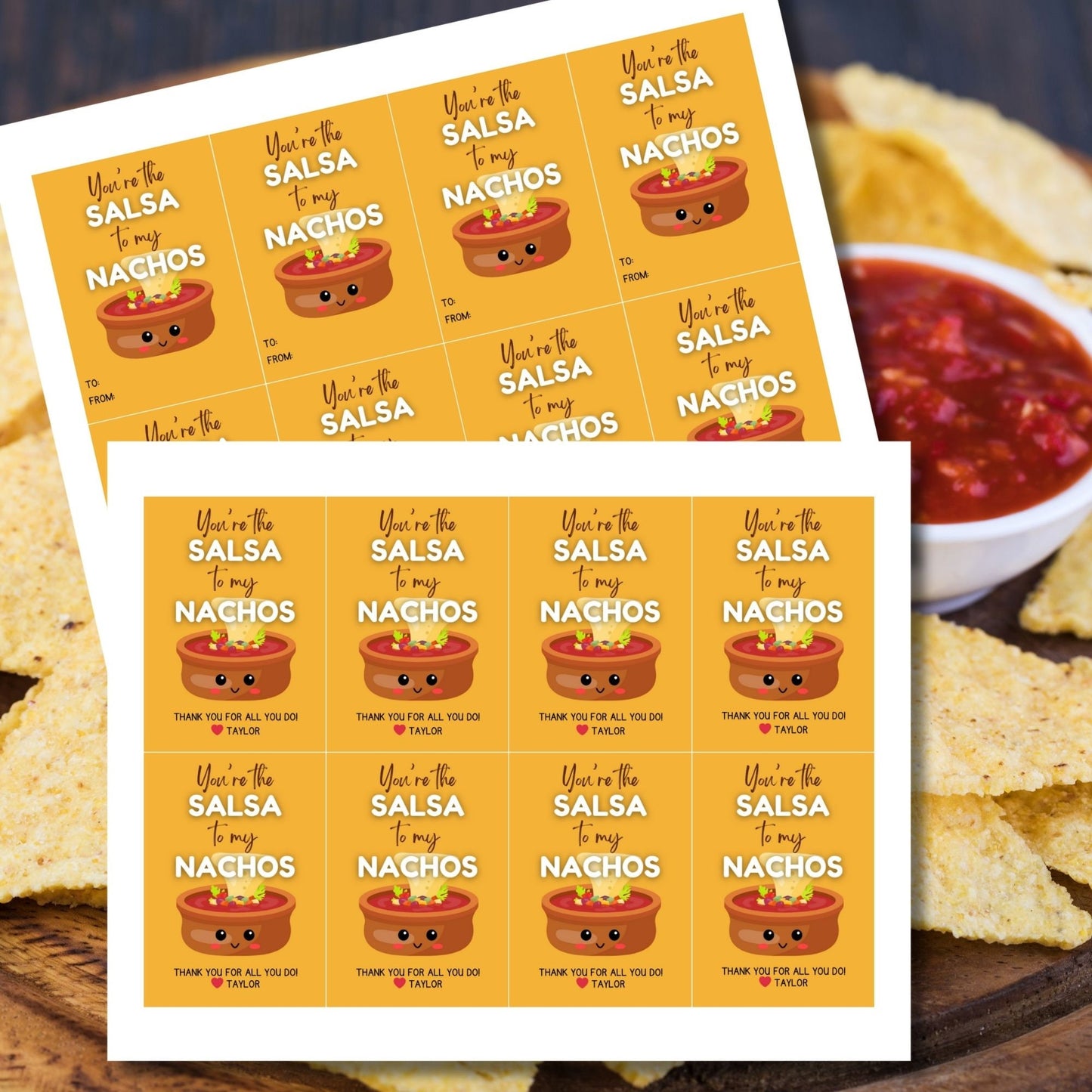 Adorable Youre the Salsa to My Nachos gift tags featuring cute salsa bowls with smiling faces, customizable via an editable Canva link, ideal for Cinco de Mayo appreciation for teachers, staff, and more.
