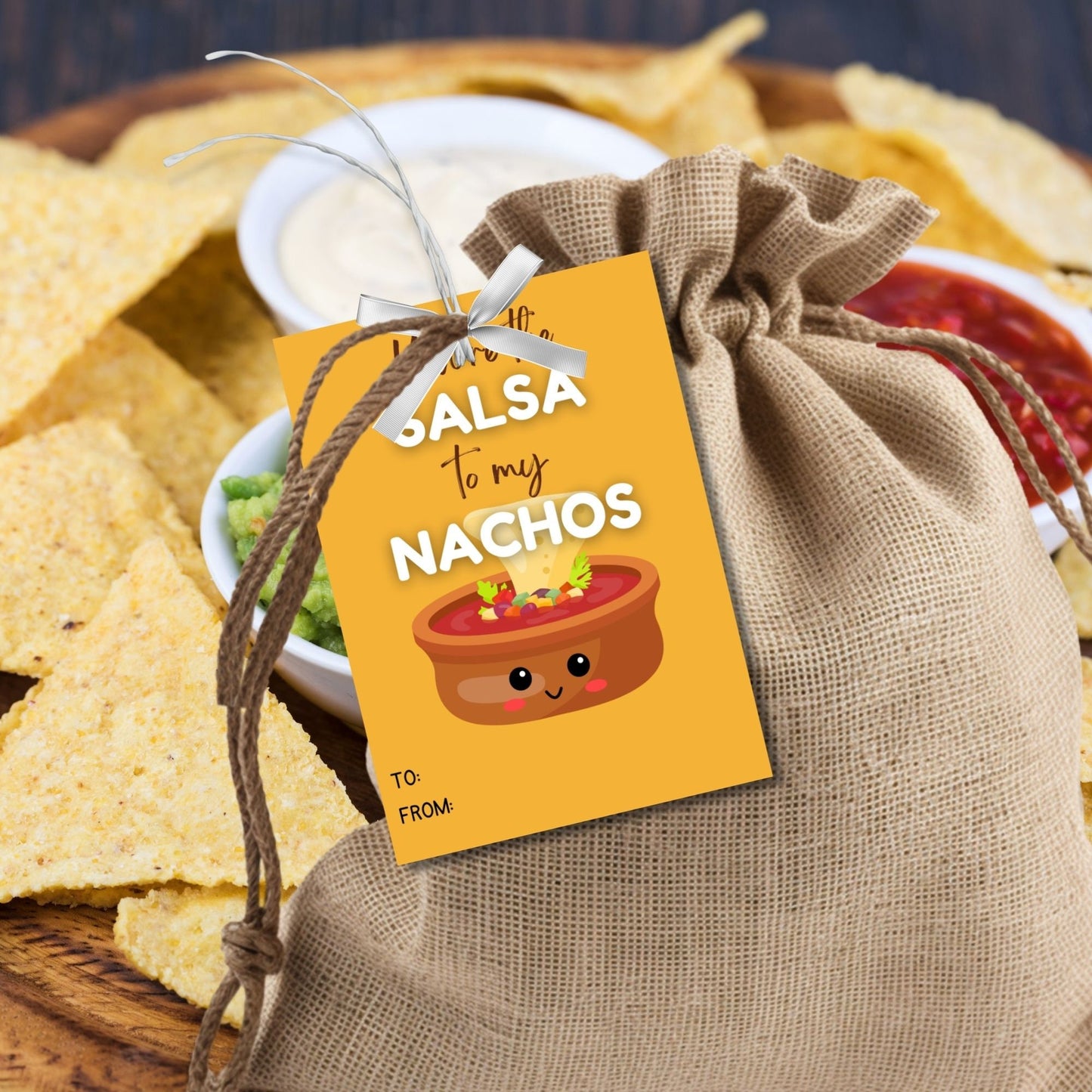Adorable Youre the Salsa to My Nachos gift tags featuring cute salsa bowls with smiling faces, customizable via an editable Canva link, ideal for Cinco de Mayo appreciation for teachers, staff, and more.
