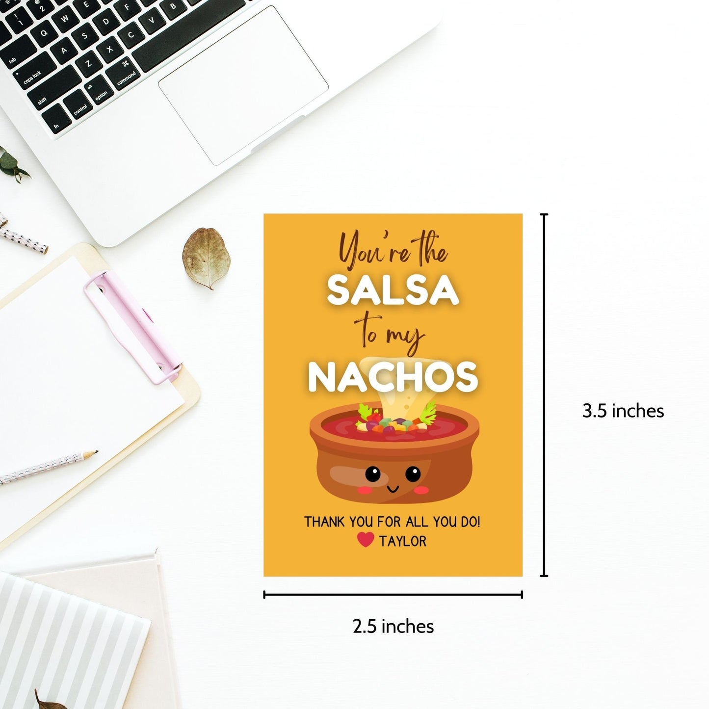 Adorable Youre the Salsa to My Nachos gift tags featuring cute salsa bowls with smiling faces, customizable via an editable Canva link, ideal for Cinco de Mayo appreciation for teachers, staff, and more.