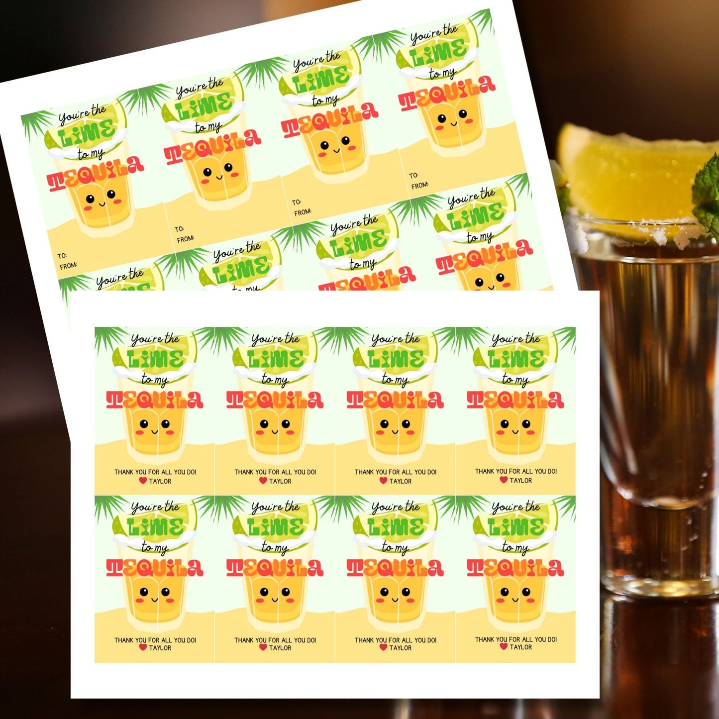 Cheerful Yo're the Lime to My Tequila gift tags with cute tequila shot glass illustrations, surrounded by palm fronds, ready-to-print and customizable via Canva link, perfect for appreciation and festive events.