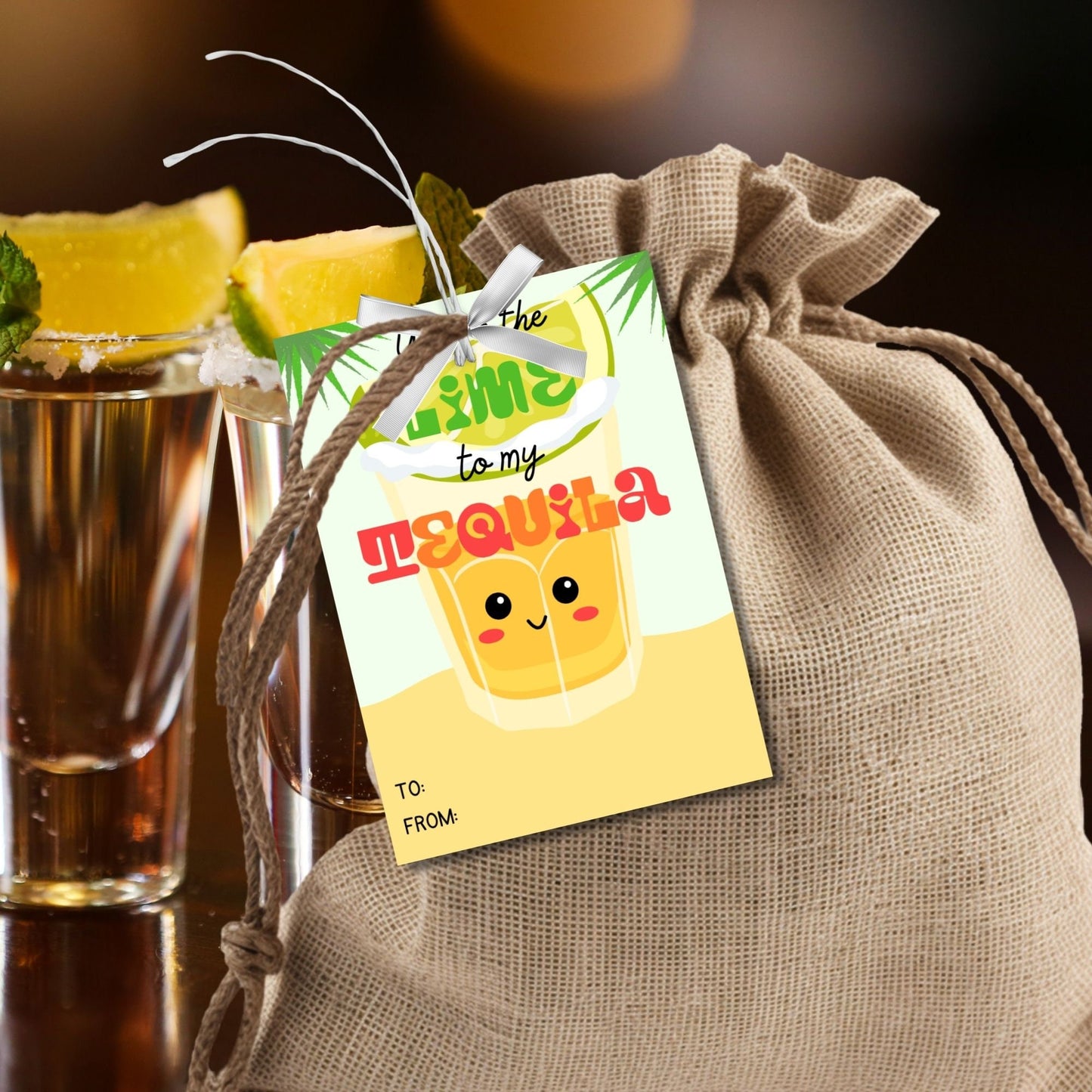Cheerful Yo're the Lime to My Tequila gift tags with cute tequila shot glass illustrations, surrounded by palm fronds, ready-to-print and customizable via Canva link, perfect for appreciation and festive events.