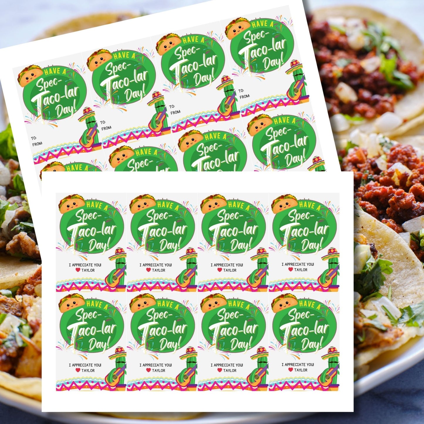 Colorful Have a Spec-Taco-lar Day! gift tags featuring a cheerful taco with sombrero and a guitar, surrounded by vibrant decorations, ready-to-print and editable via a Canva link, perfect for Cinco de Mayo and appreciation events.