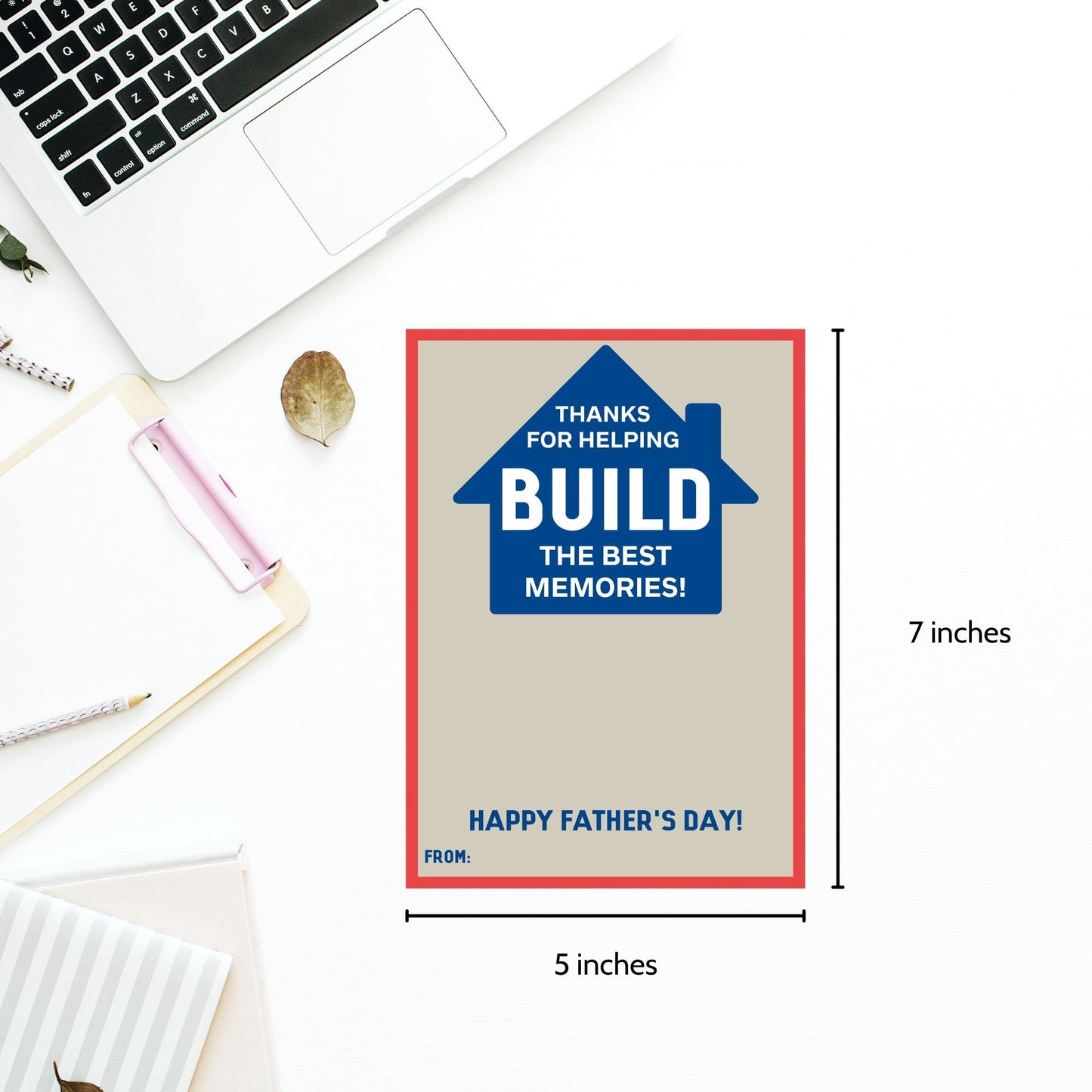 Fathers Day card with Thanks for helping BUILD the best memories! message inside a house outline, in blue and white. Space for a personalized message below.