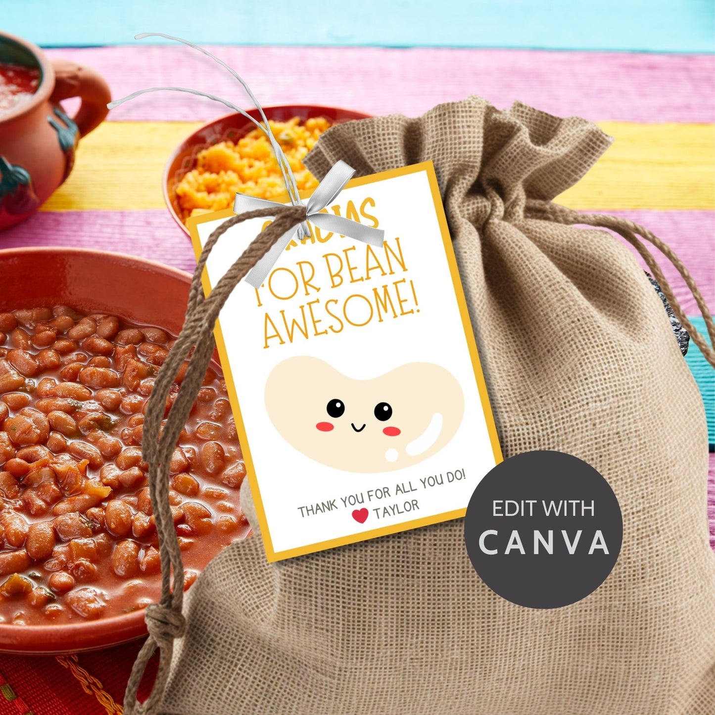 Adorable Gracias for Bean Awesome! gift tags featuring a cute smiling bean character, set against a yellow background, ready-to-print and editable via Canva link, perfect for showing appreciation during Cinco de Mayo or any occasion.