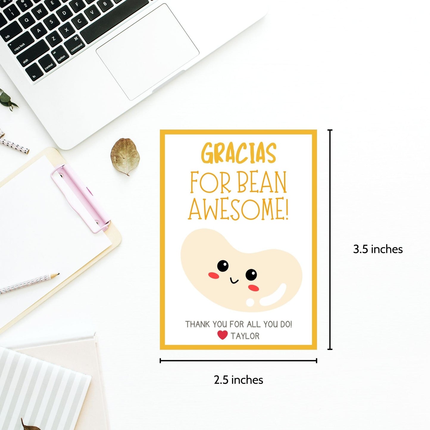 Adorable Gracias for Bean Awesome! gift tags featuring a cute smiling bean character, set against a yellow background, ready-to-print and editable via Canva link, perfect for showing appreciation during Cinco de Mayo or any occasion.