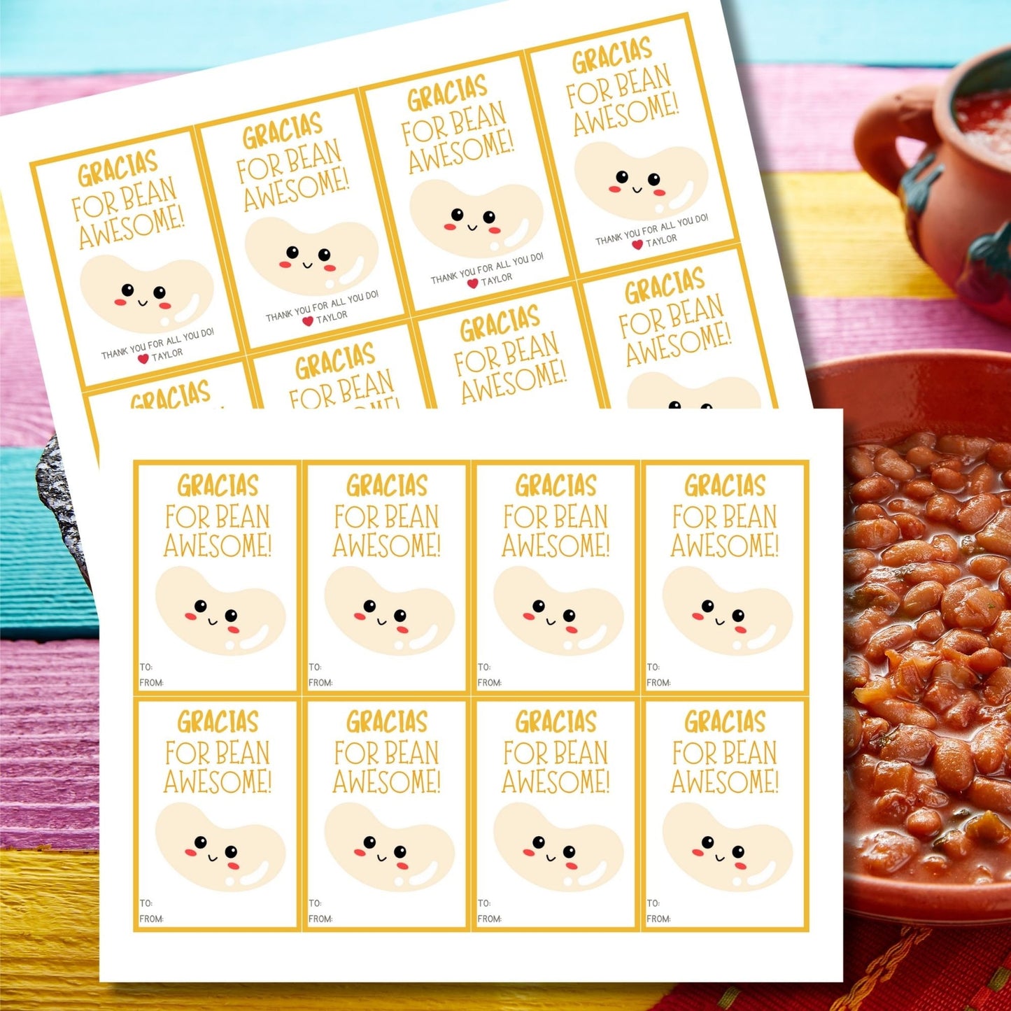 Adorable Gracias for Bean Awesome! gift tags featuring a cute smiling bean character, set against a yellow background, ready-to-print and editable via Canva link, perfect for showing appreciation during Cinco de Mayo or any occasion.
