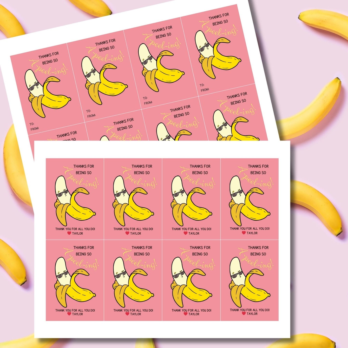 Charming Thanks for Being so A-peeling! gift tags featuring a cartoon banana with a playful expression, set against a pink background, ready-to-print and editable via a Canva link, perfect for light-hearted appreciation gifts.