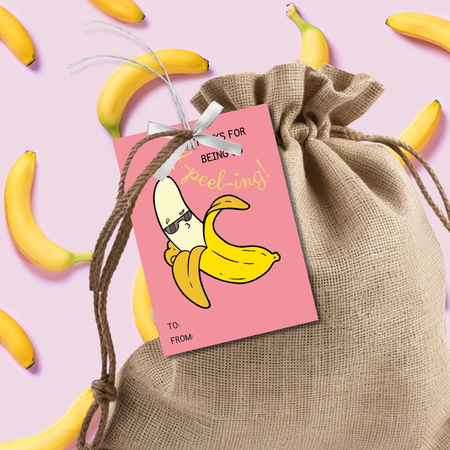 Charming Thanks for Being so A-peeling! gift tags featuring a cartoon banana with a playful expression, set against a pink background, ready-to-print and editable via a Canva link, perfect for light-hearted appreciation gifts.