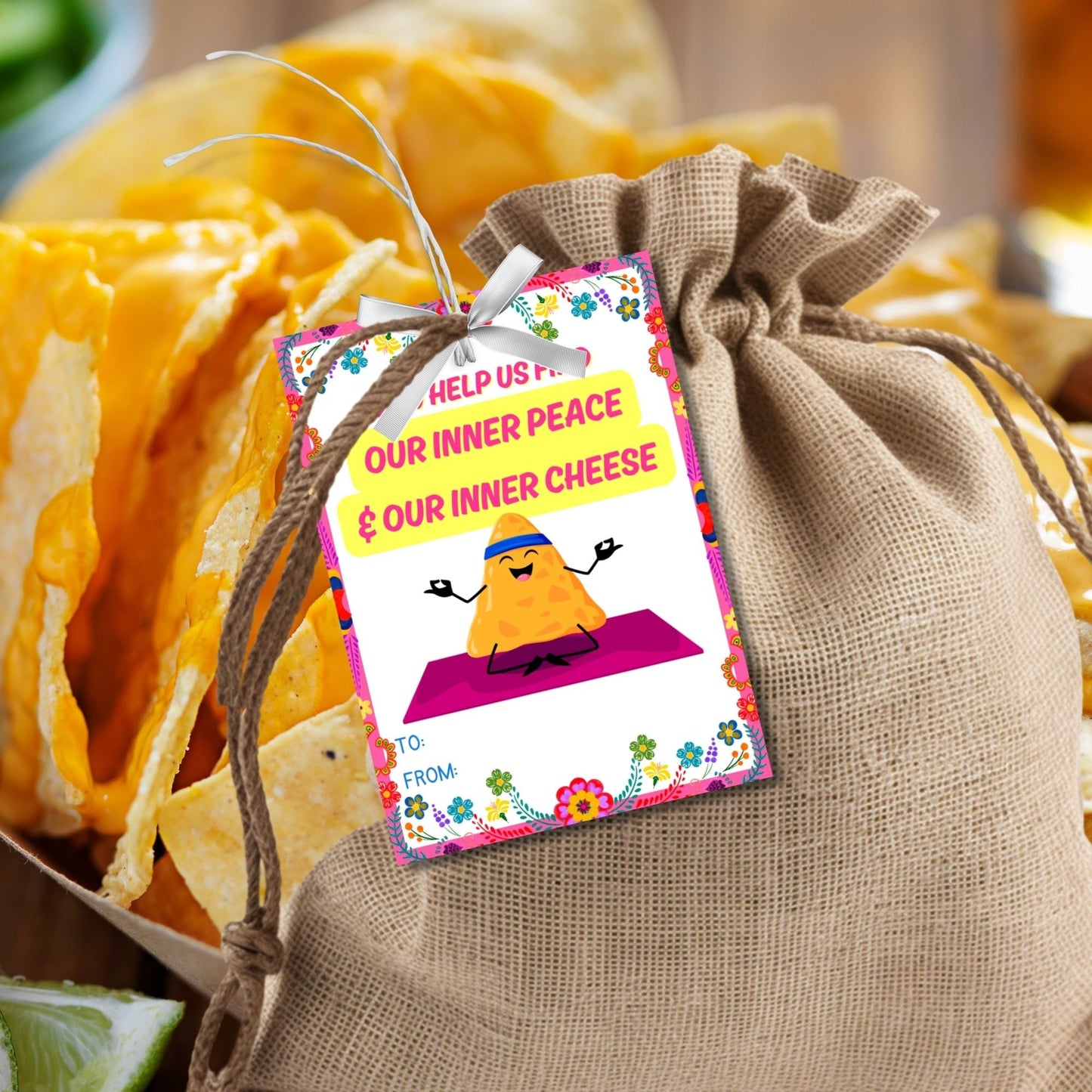 Humorous You Help Us Find Our Inner Peace & Our Inner Cheese gift tags featuring a meditating cheese character on a yoga mat, surrounded by a vibrant floral border, ready-to-print and customizable via a Canva link, perfect for appreciation gifts.