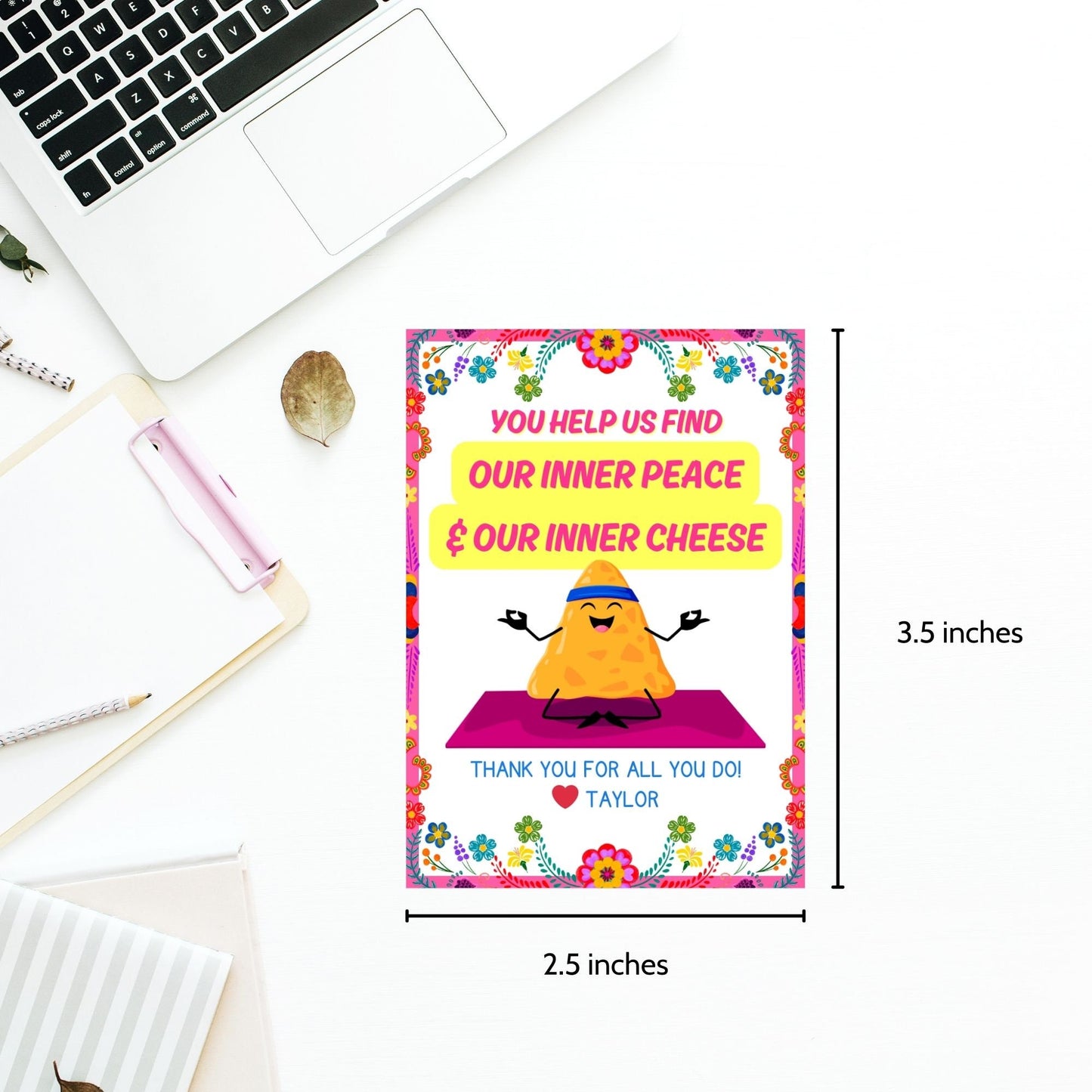 Humorous You Help Us Find Our Inner Peace & Our Inner Cheese gift tags featuring a meditating cheese character on a yoga mat, surrounded by a vibrant floral border, ready-to-print and customizable via a Canva link, perfect for appreciation gifts.