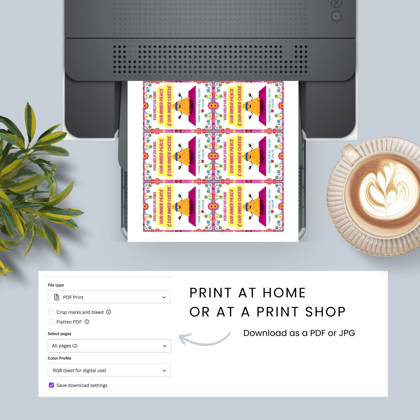 Humorous You Help Us Find Our Inner Peace & Our Inner Cheese gift tags featuring a meditating cheese character on a yoga mat, surrounded by a vibrant floral border, ready-to-print and customizable via a Canva link, perfect for appreciation gifts.