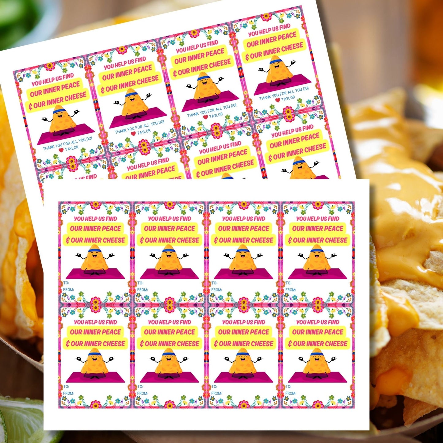 Humorous You Help Us Find Our Inner Peace & Our Inner Cheese gift tags featuring a meditating cheese character on a yoga mat, surrounded by a vibrant floral border, ready-to-print and customizable via a Canva link, perfect for appreciation gifts.