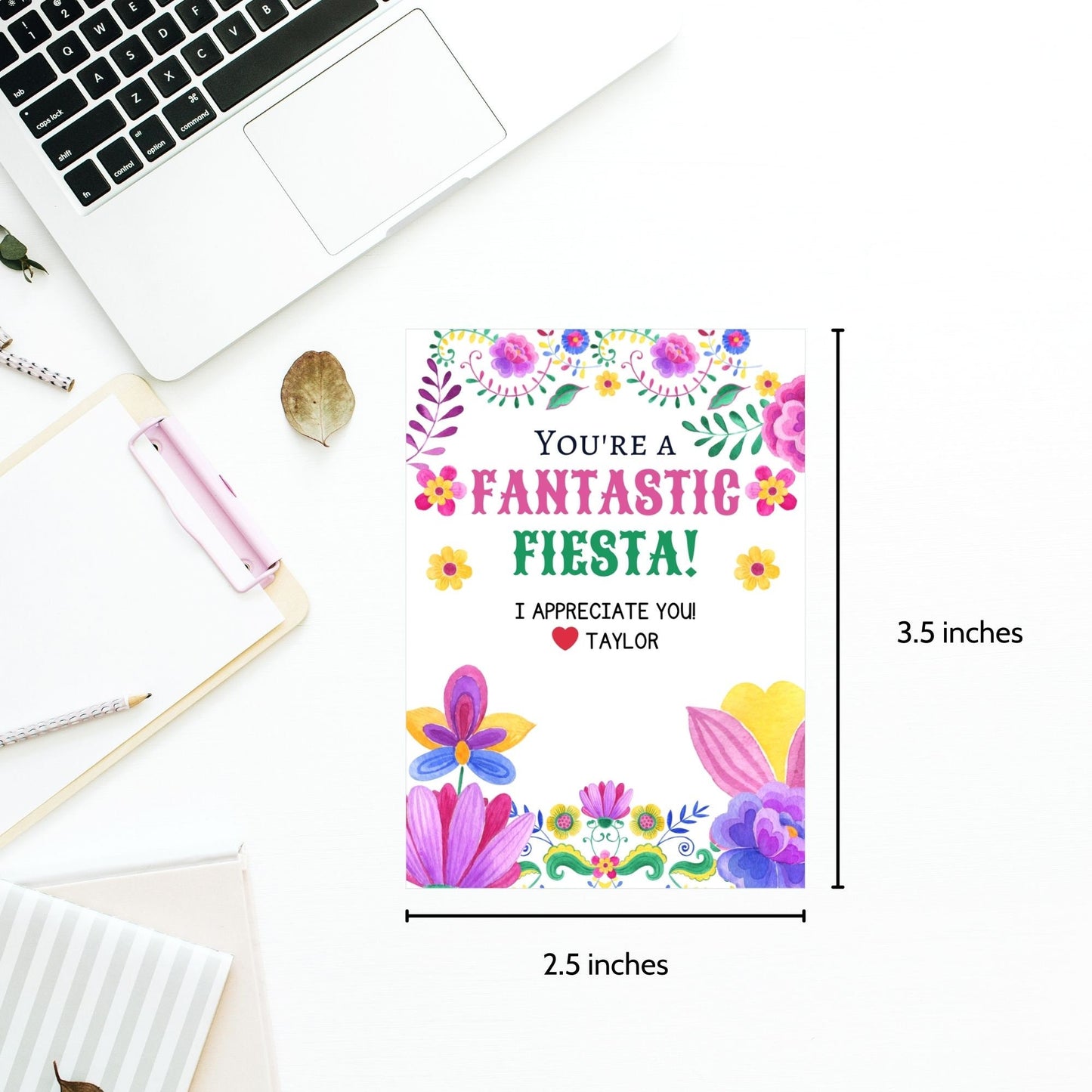 Vibrant Youre a Fantastic Fiesta! gift tags adorned with colorful flowers and festive patterns, ready-to-print and editable via a Canva link, perfect for adding a celebratory touch to Cinco de Mayo gifts and appreciation events.