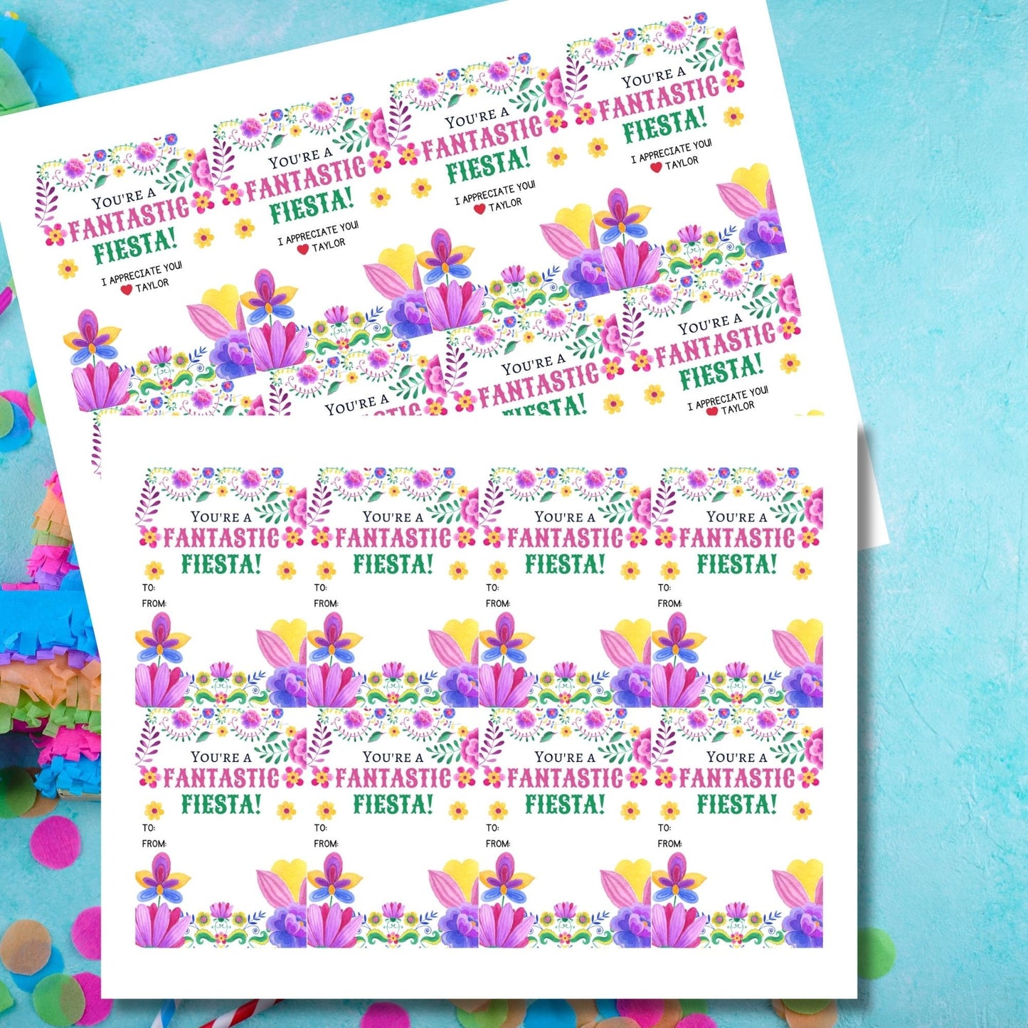 Vibrant Youre a Fantastic Fiesta! gift tags adorned with colorful flowers and festive patterns, ready-to-print and editable via a Canva link, perfect for adding a celebratory touch to Cinco de Mayo gifts and appreciation events.