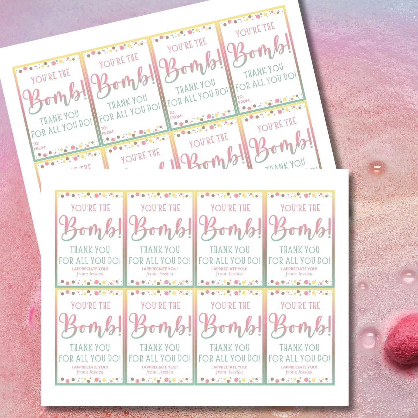 A vibrant display of Youre the Bomb! gift tags in pastel tones with playful polka dots, customizable for printing and ready for attaching to any appreciation gift.
