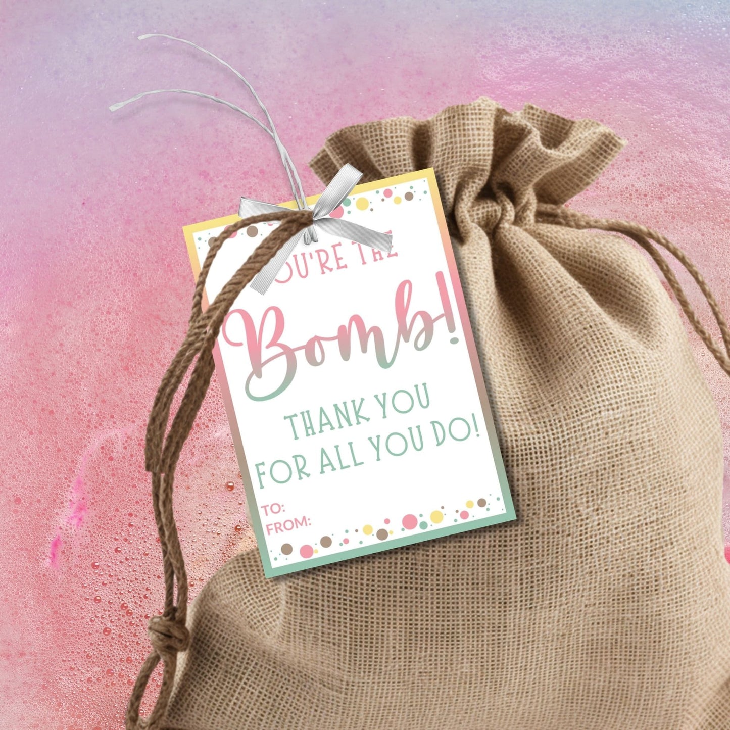 A vibrant display of Youre the Bomb! gift tags in pastel tones with playful polka dots, customizable for printing and ready for attaching to any appreciation gift.