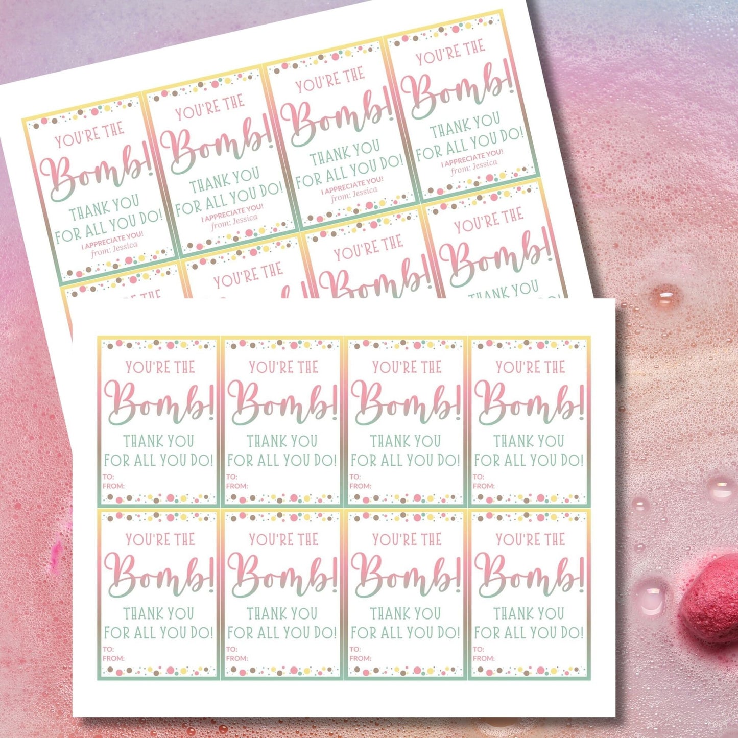 A vibrant display of Youre the Bomb! gift tags in pastel tones with playful polka dots, customizable for printing and ready for attaching to any appreciation gift.