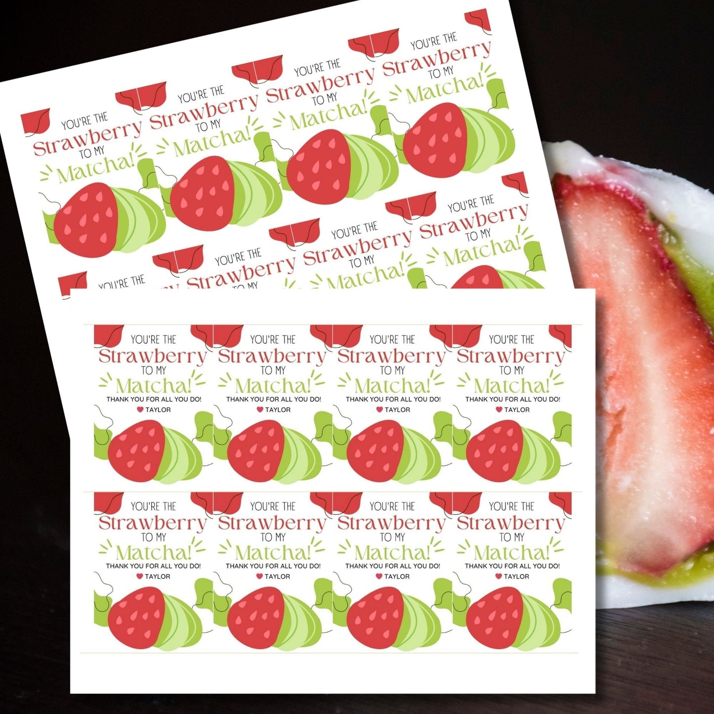 Appreciation gift tags featuring a cute matcha and strawberry illustration with the text Youre the Strawberry to My Matcha! Thank you for all you do! Perfect for showing gratitude.