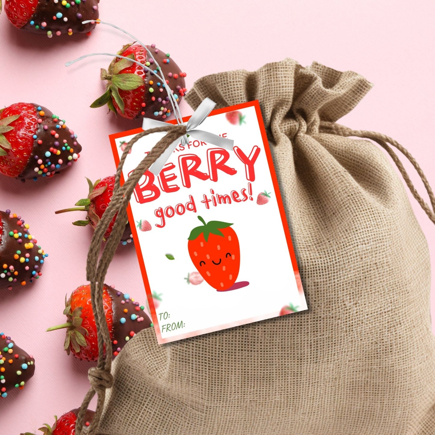 Colorful gift tags with a vibrant strawberry and the playful phrase Thanks for the Berry good times! Berry thankful for all you do! Perfect for adding a personal touch to any appreciation gift.