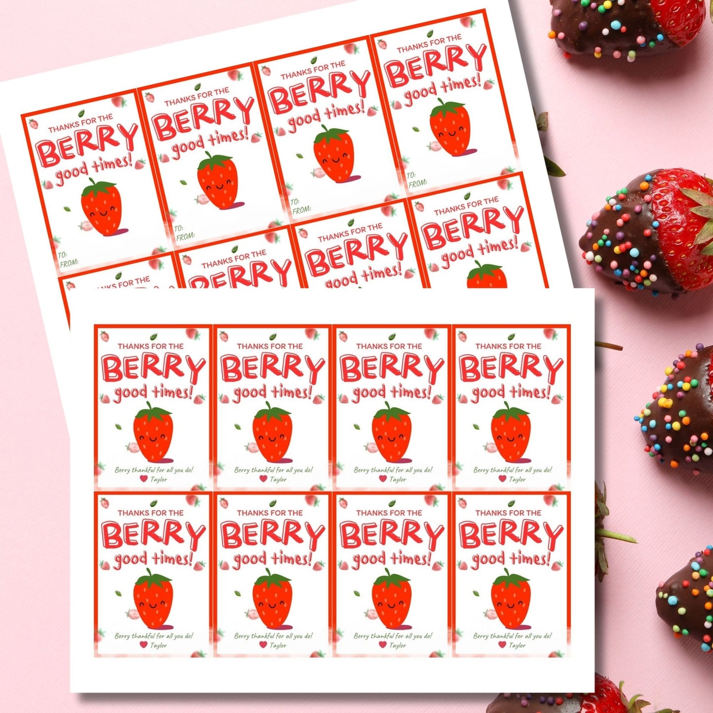 Colorful gift tags with a vibrant strawberry and the playful phrase Thanks for the Berry good times! Berry thankful for all you do! Perfect for adding a personal touch to any appreciation gift.