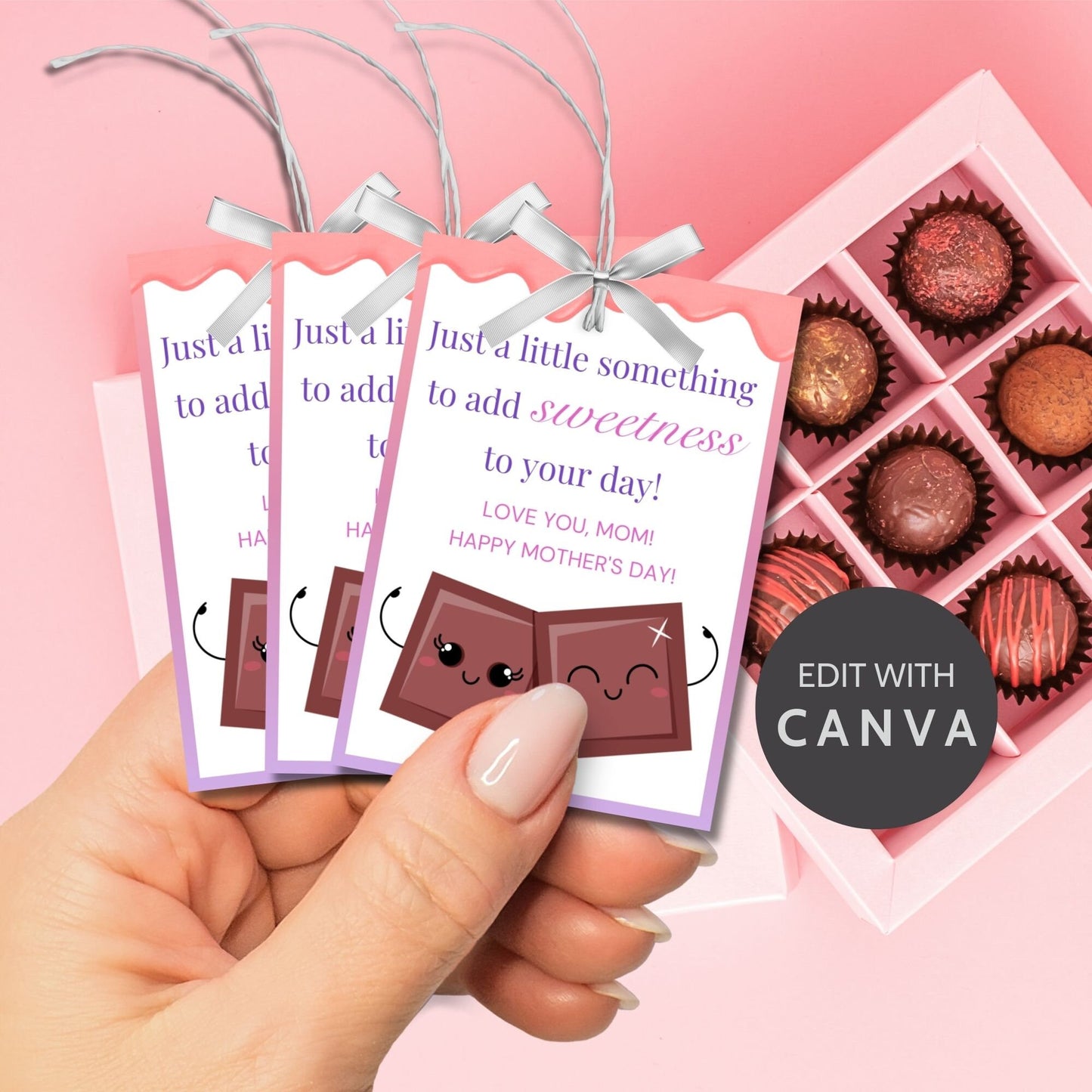 Printable Mothers Day gift tags featuring cute chocolate bar cartoons with the text Just a little something to add sweetness to your day! Love you, Mom! Happy Mother's Day! in a pink and white design