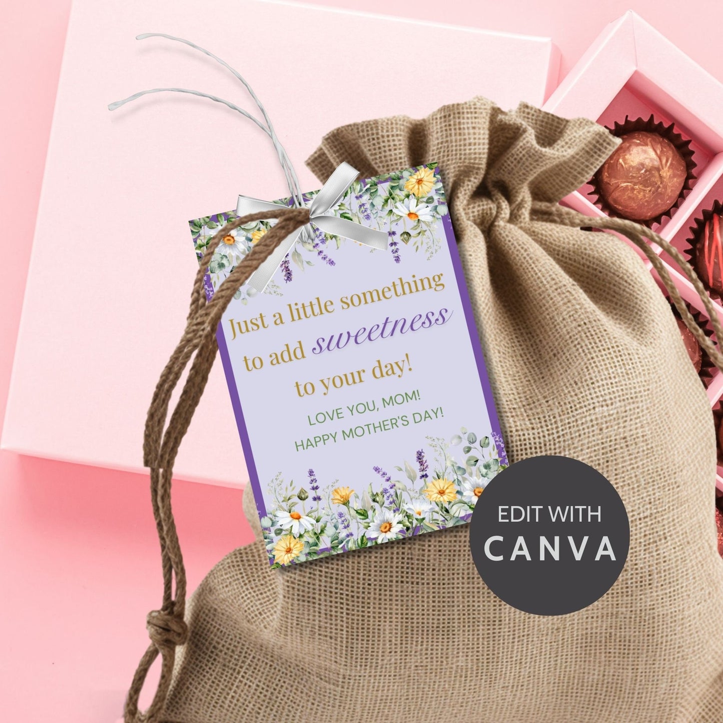 Floral Mothers Day gift tags surrounded by daisies and lavender on a purple background, with text Just a little something to add sweetness to your day! Love you, Mom! Happy Mother's Day!