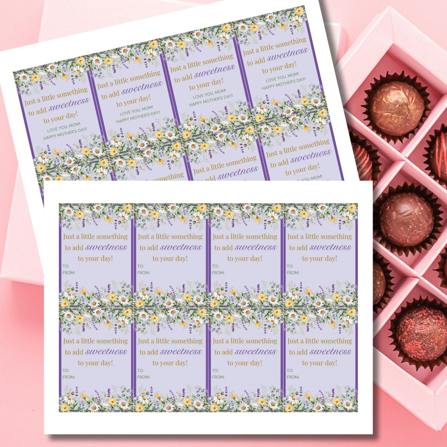 Floral Mothers Day gift tags surrounded by daisies and lavender on a purple background, with text Just a little something to add sweetness to your day! Love you, Mom! Happy Mother's Day!