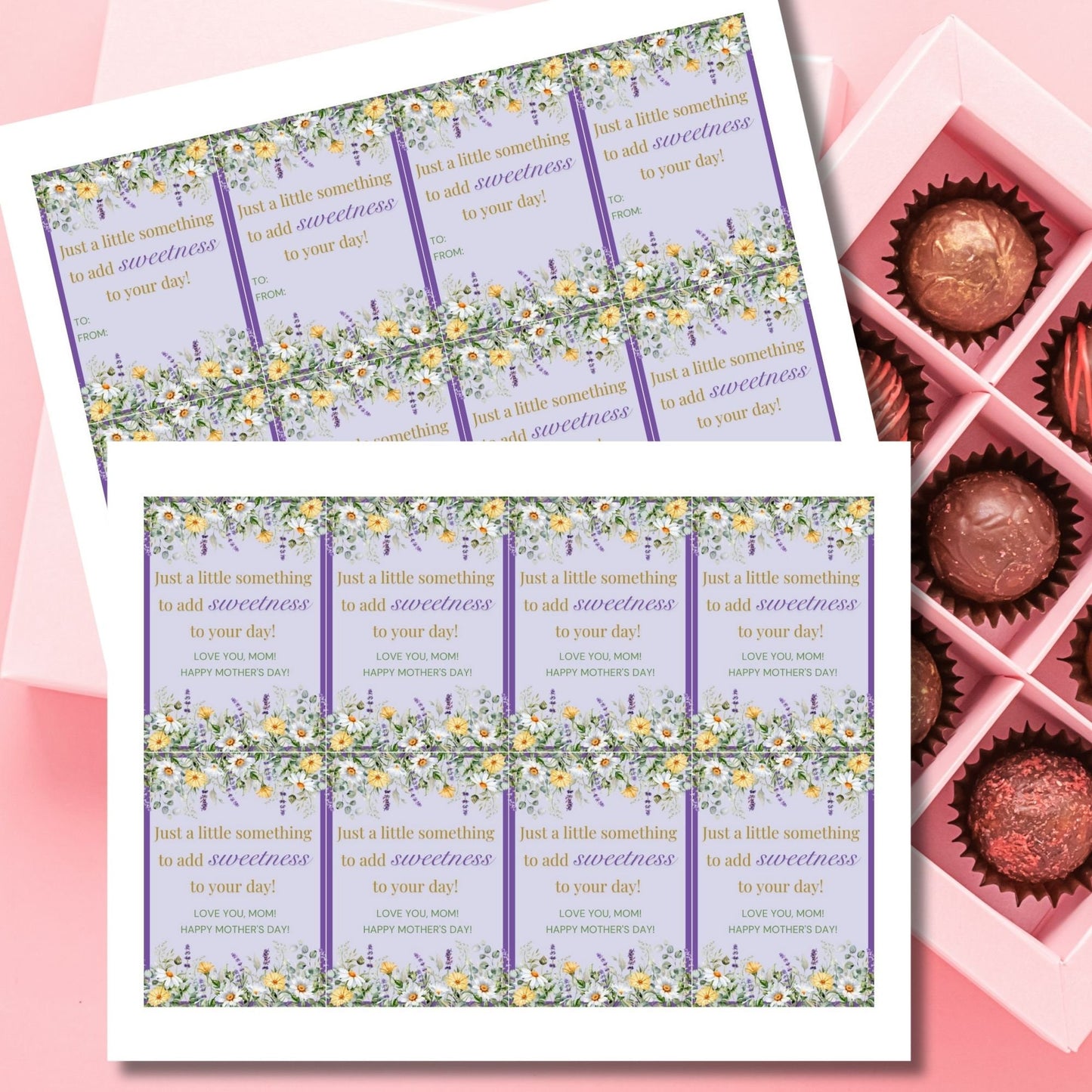 Floral Mothers Day gift tags surrounded by daisies and lavender on a purple background, with text Just a little something to add sweetness to your day! Love you, Mom! Happy Mother's Day!