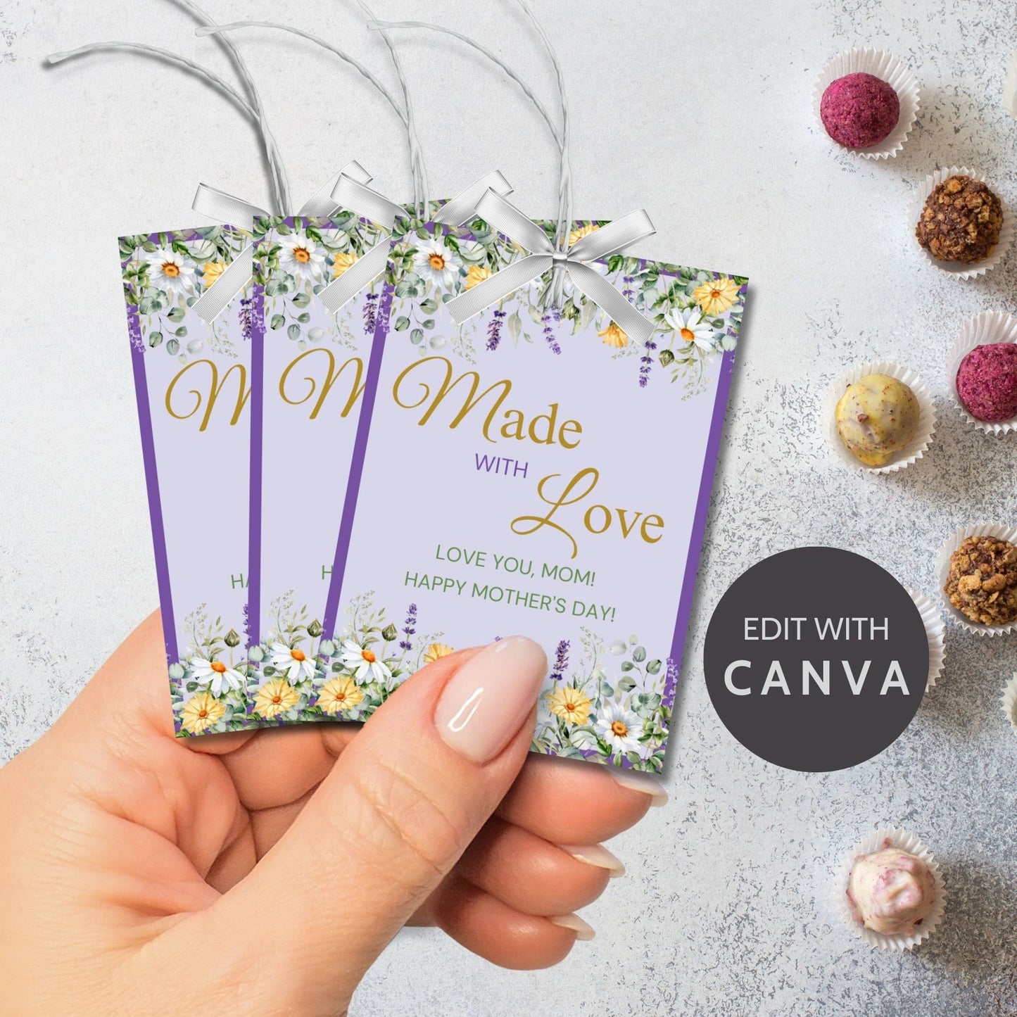 Gift tags with a floral design and the message Made with Love, Love you, Mom! Happy Mother's Day! on a purple background, ideal for Mothers Day and appreciation gifts.