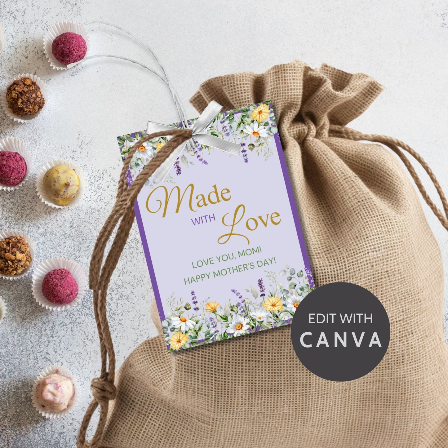 Gift tags with a floral design and the message Made with Love, Love you, Mom! Happy Mother's Day! on a purple background, ideal for Mothers Day and appreciation gifts.