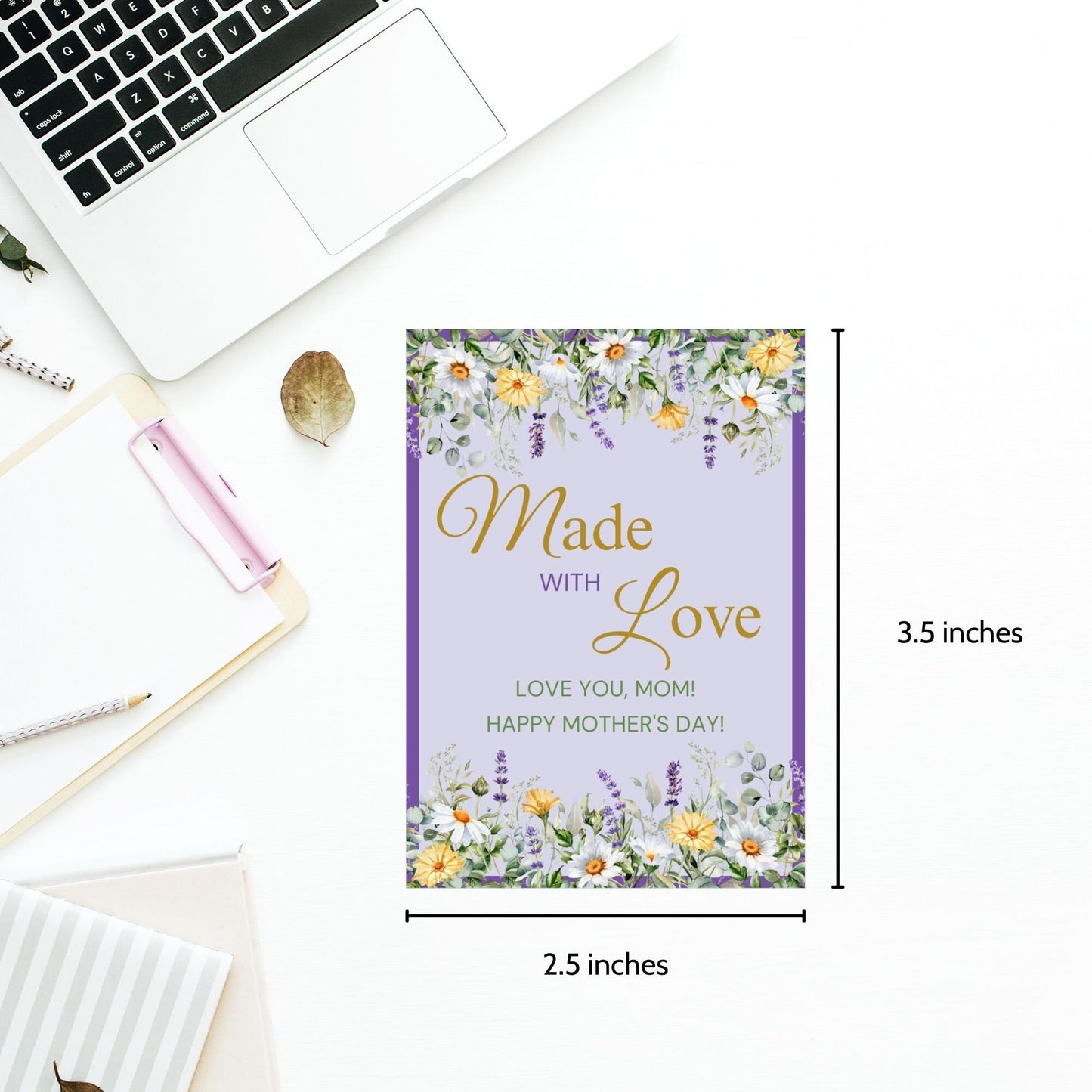Gift tags with a floral design and the message Made with Love, Love you, Mom! Happy Mother's Day! on a purple background, ideal for Mothers Day and appreciation gifts.