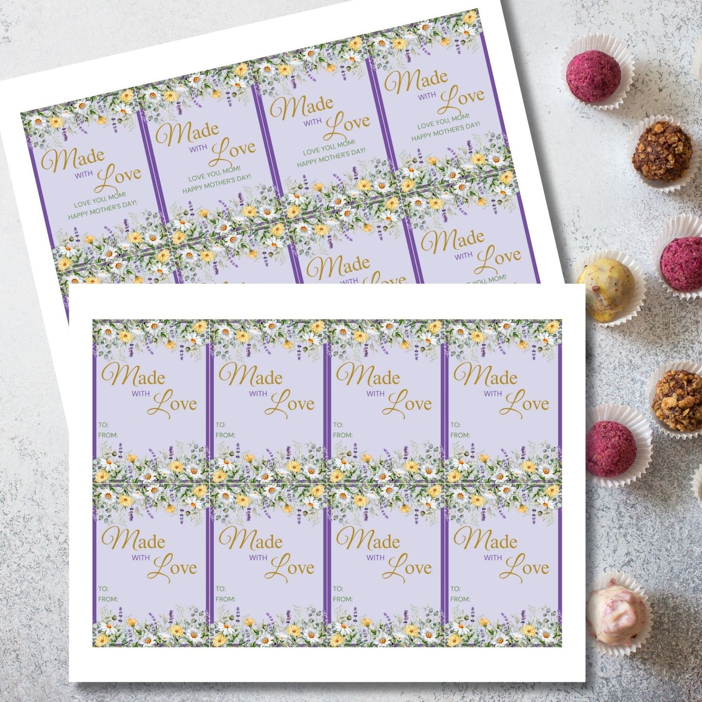 Gift tags with a floral design and the message Made with Love, Love you, Mom! Happy Mother's Day! on a purple background, ideal for Mothers Day and appreciation gifts.