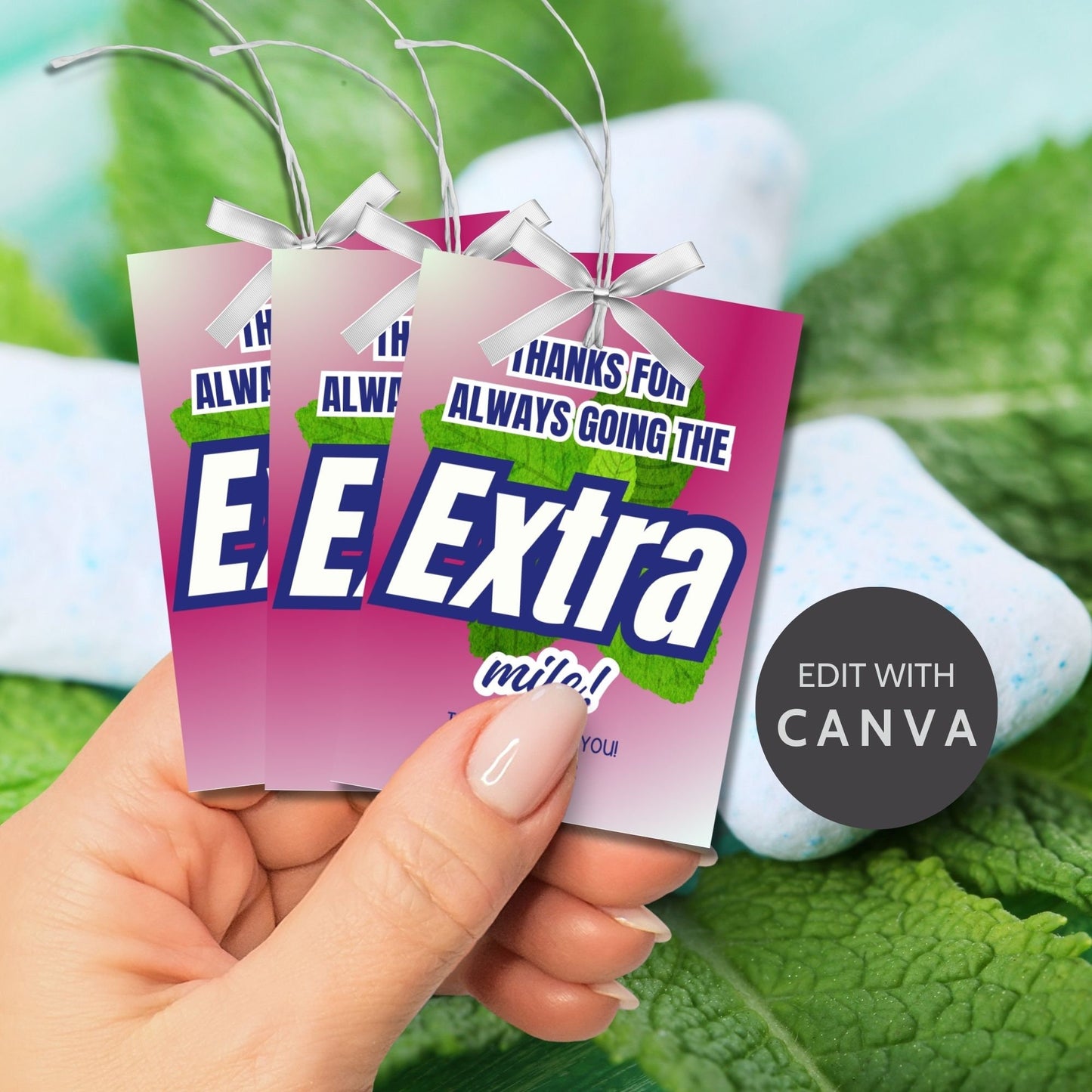 Image showing gift tags with THANKS FOR ALWAYS GOING THE EXTRA mile! in bold text. The tags express appreciation with customizable messages. Includes heart emojis and personal name. Ideal for teachers, nurses, bus drivers, staff, and more.