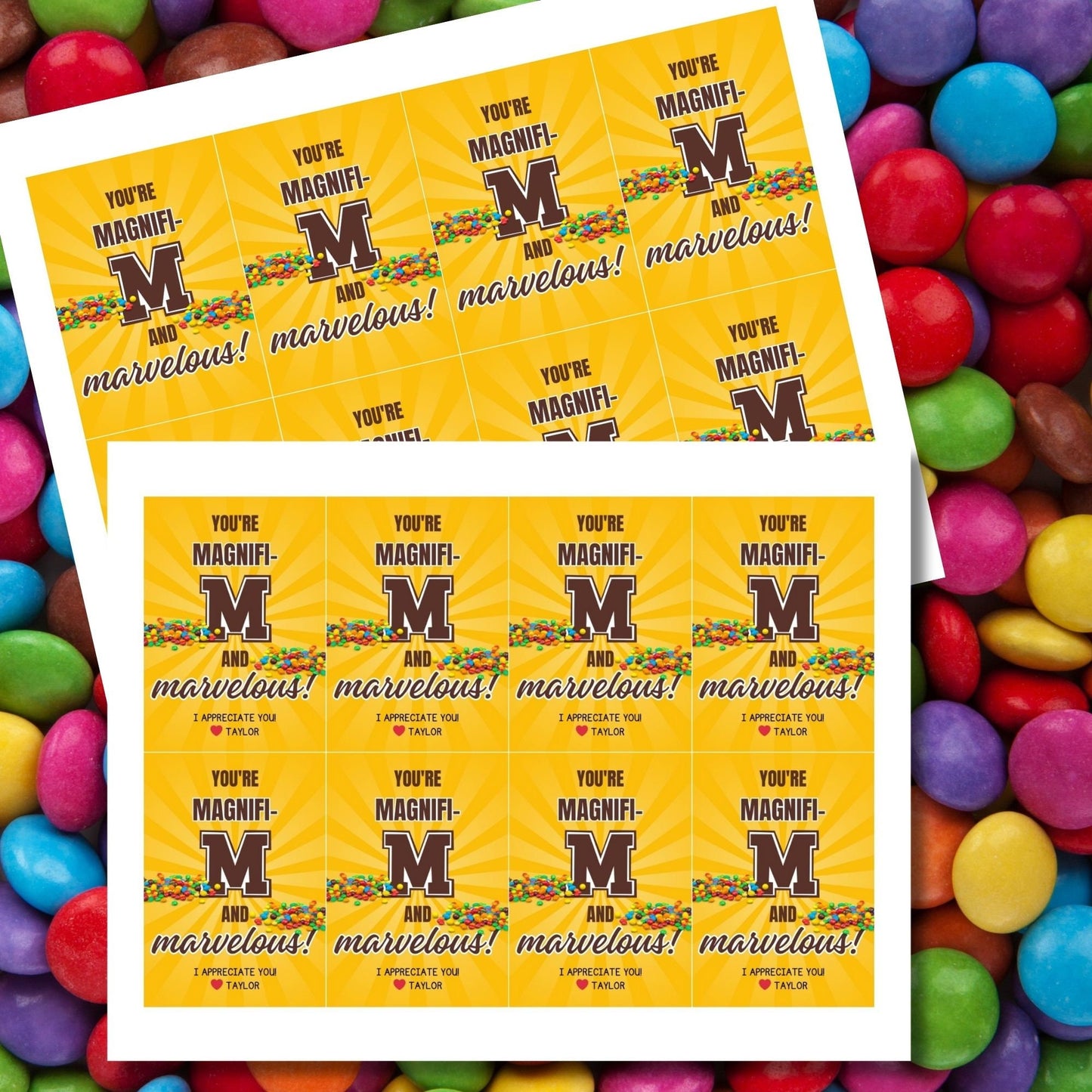 Image showcasing gift tags with YOURE MAGNIFI-M. Tags express gratitude and can be customized with the recipient's name. Perfect for teachers, nurses, staff, and more.