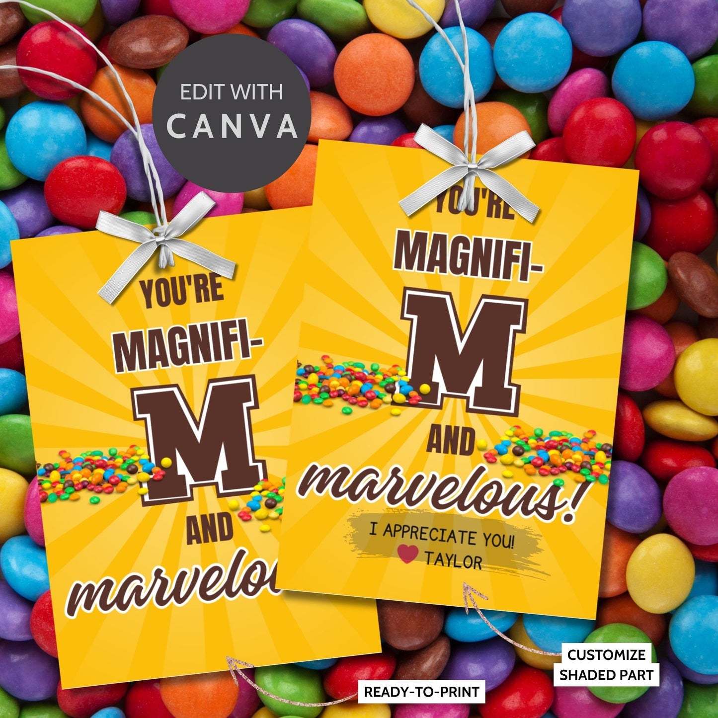 Image showcasing gift tags with YOURE MAGNIFI-M. Tags express gratitude and can be customized with the recipient's name. Perfect for teachers, nurses, staff, and more.