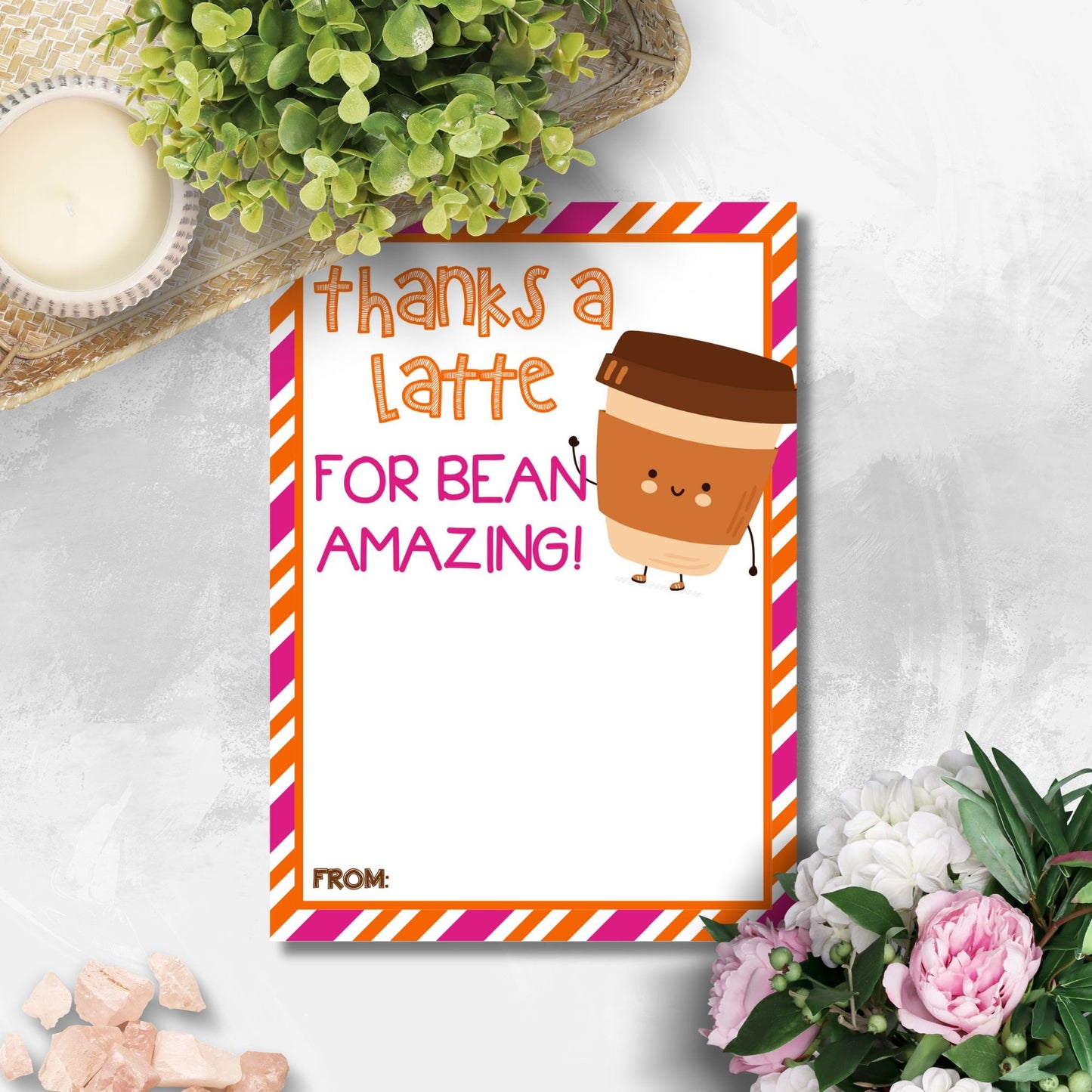 Whimsical Thanks a latte for bean amazing! greeting card featuring a smiling coffee cup, ideal for pairing with a Dunkin Donuts coffee gift card.