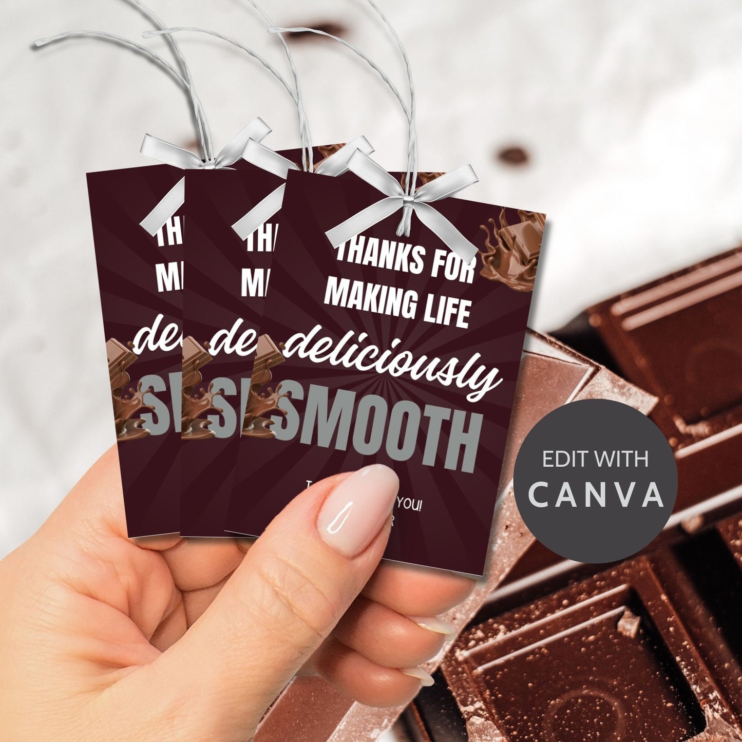 Image showcasing gift tags with THANKS FOR MAKING LIFE deliciously SMOOTH! Tags express gratitude and can be customized with the recipient's name. Ideal for showing appreciation to teachers, staff, nurses, and more.