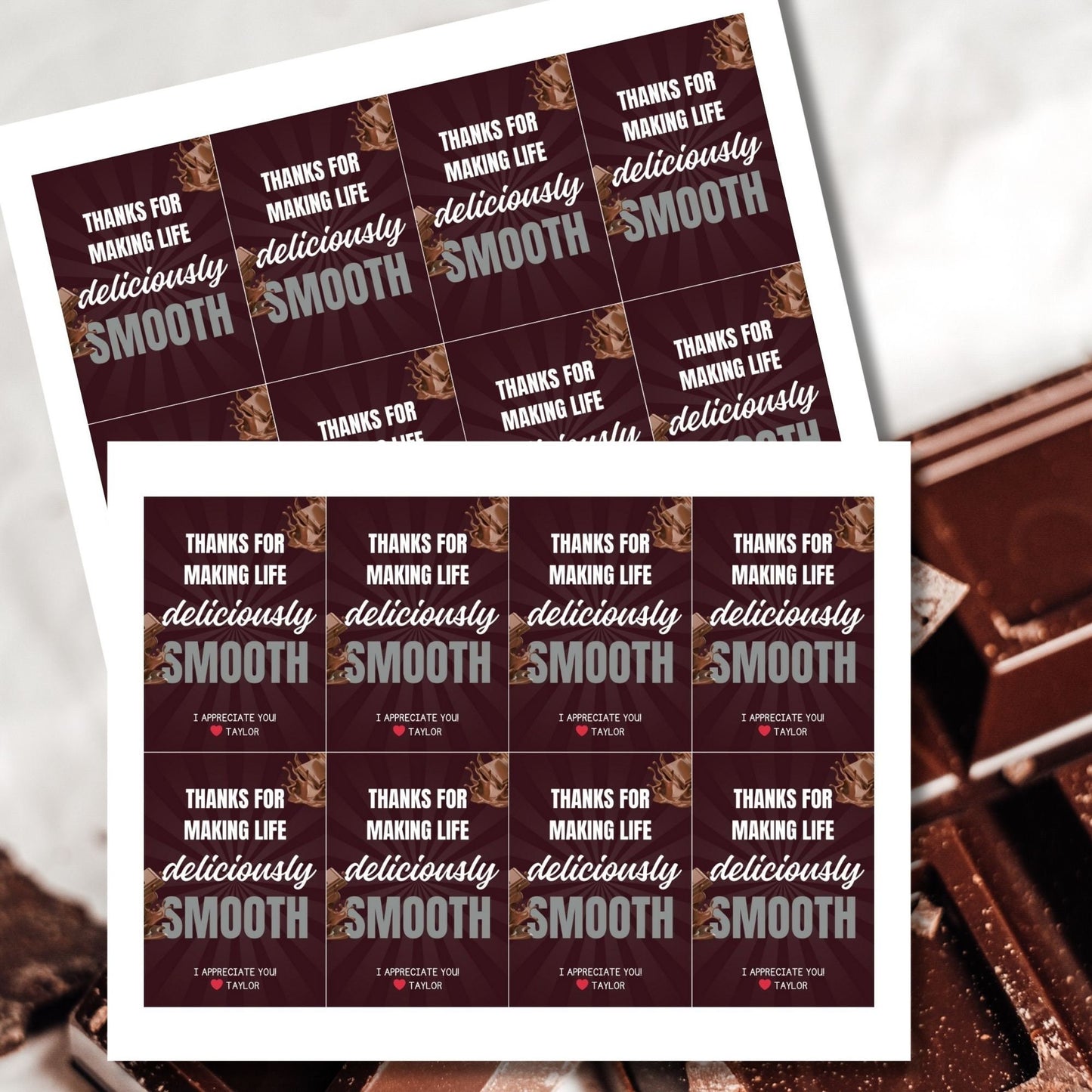 Image showcasing gift tags with THANKS FOR MAKING LIFE deliciously SMOOTH! Tags express gratitude and can be customized with the recipient's name. Ideal for showing appreciation to teachers, staff, nurses, and more.
