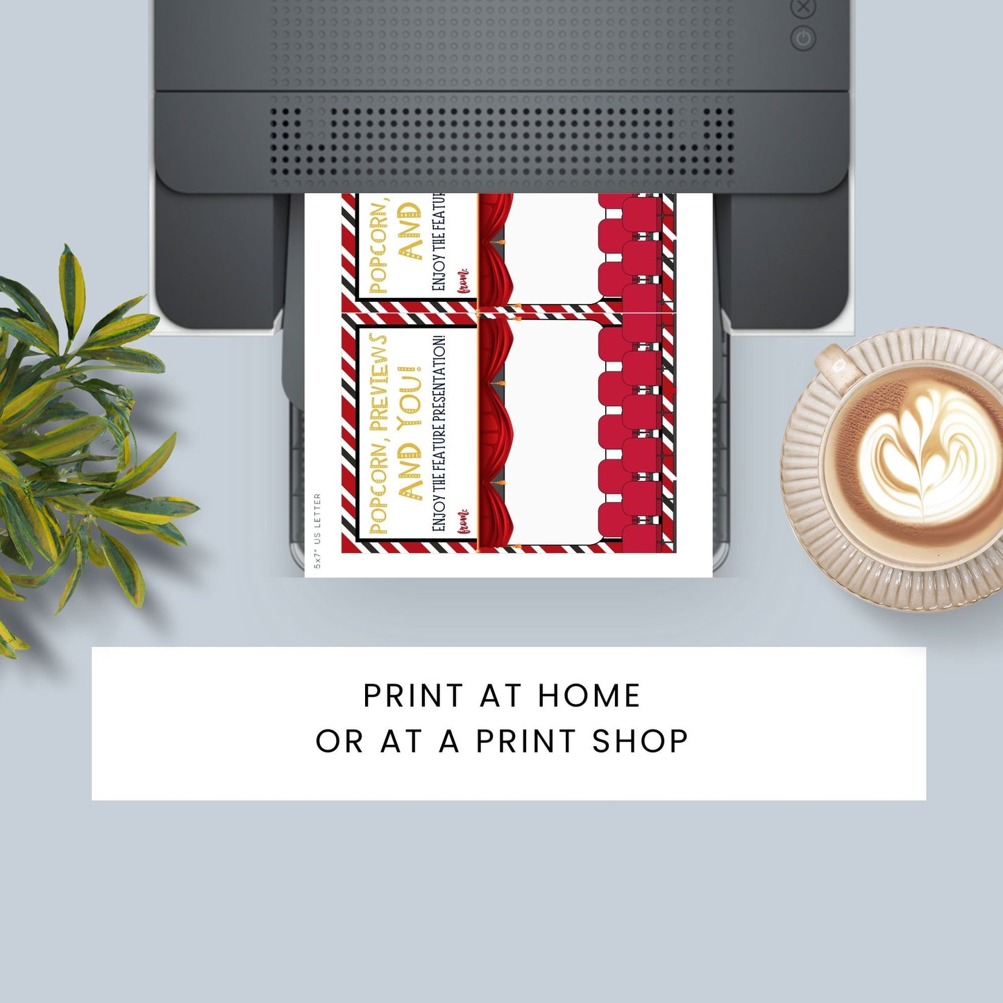 Movie-themed gift card holder featuring a cinema screen and theater seating with the text Popcorn, Previews and You! Enjoy the feature presentation!, ideal for movie theater or streaming service gift cards.