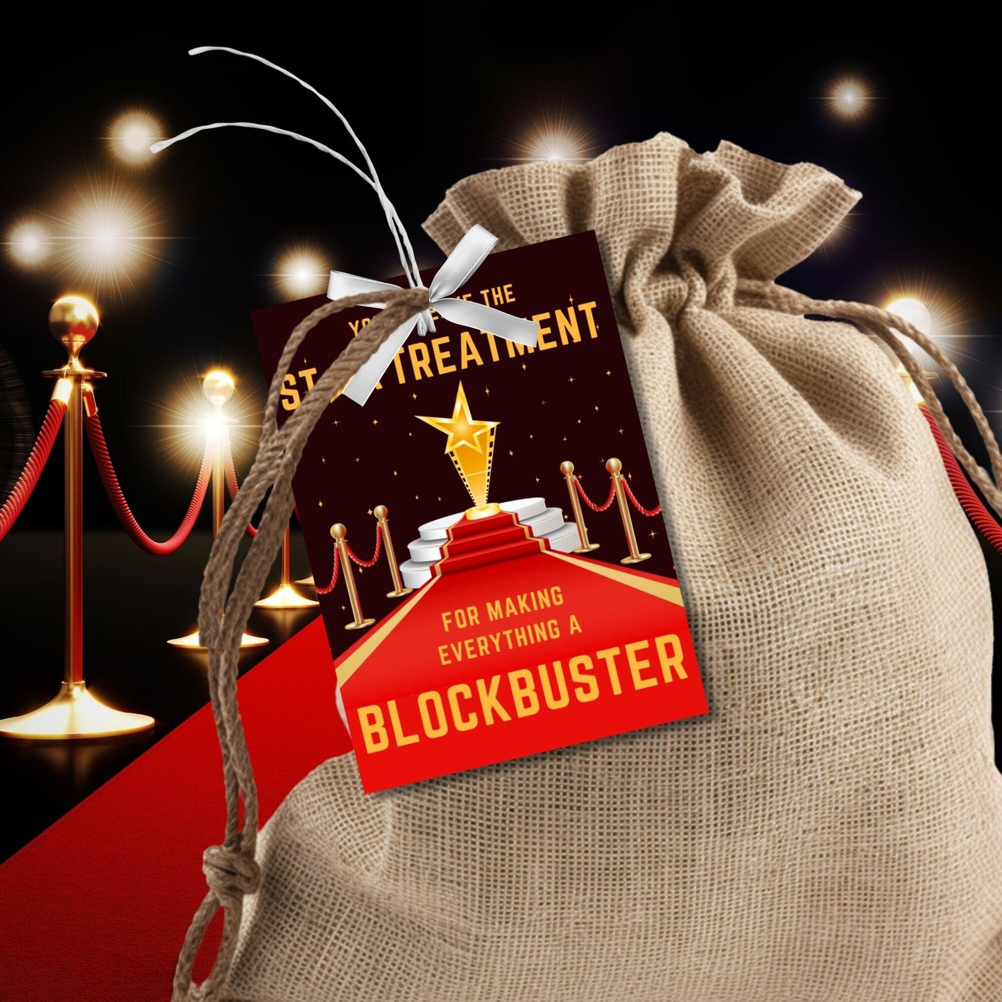 Image showing YOU DESERVE THE STAR TREATMENT for Making Everything a Blockbuster!" Tags express gratitude with a red carpet theme and customizable names. Ideal for appreciation gifts to teachers, staff, and more.