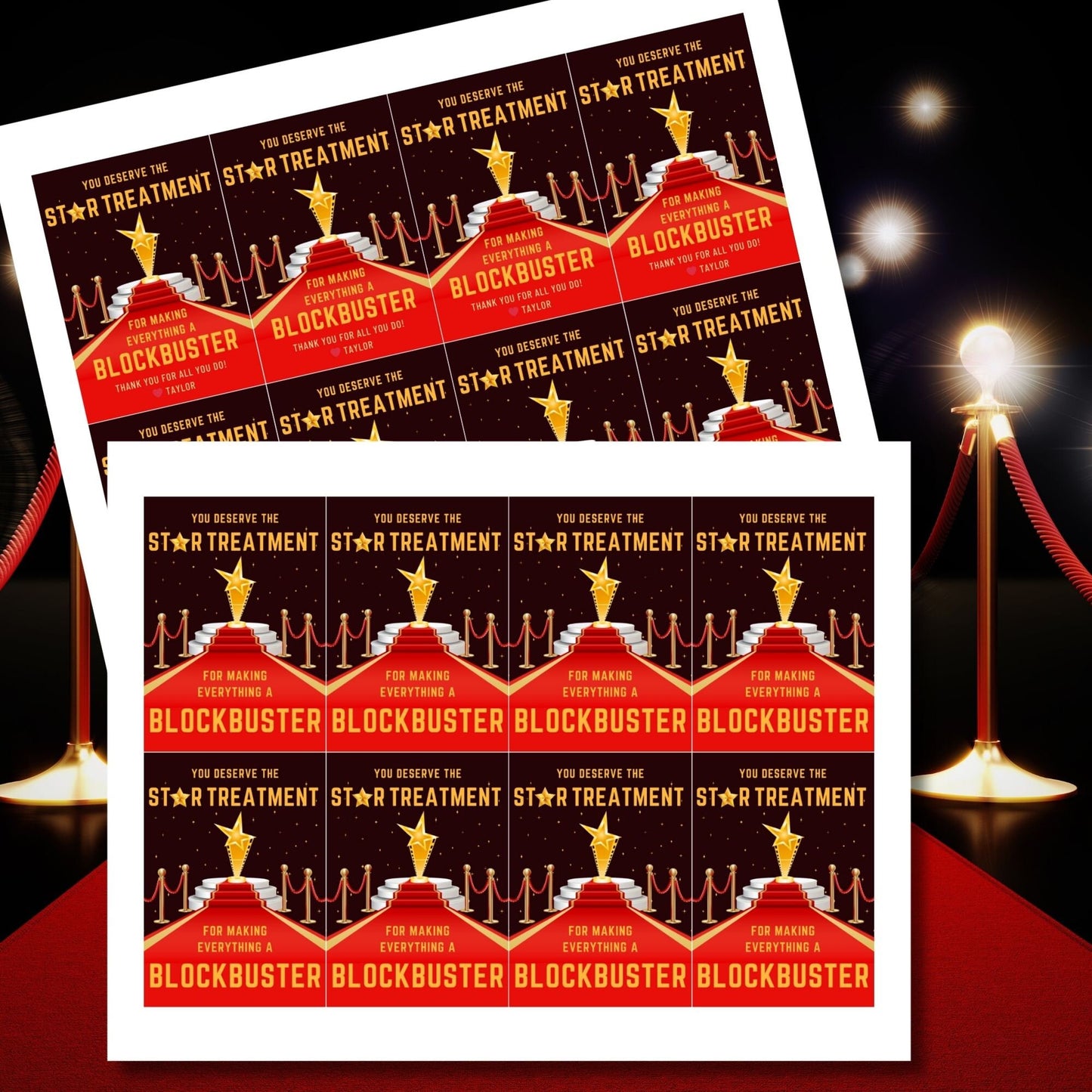 Image showing YOU DESERVE THE STAR TREATMENT for Making Everything a Blockbuster!" Tags express gratitude with a red carpet theme and customizable names. Ideal for appreciation gifts to teachers, staff, and more.