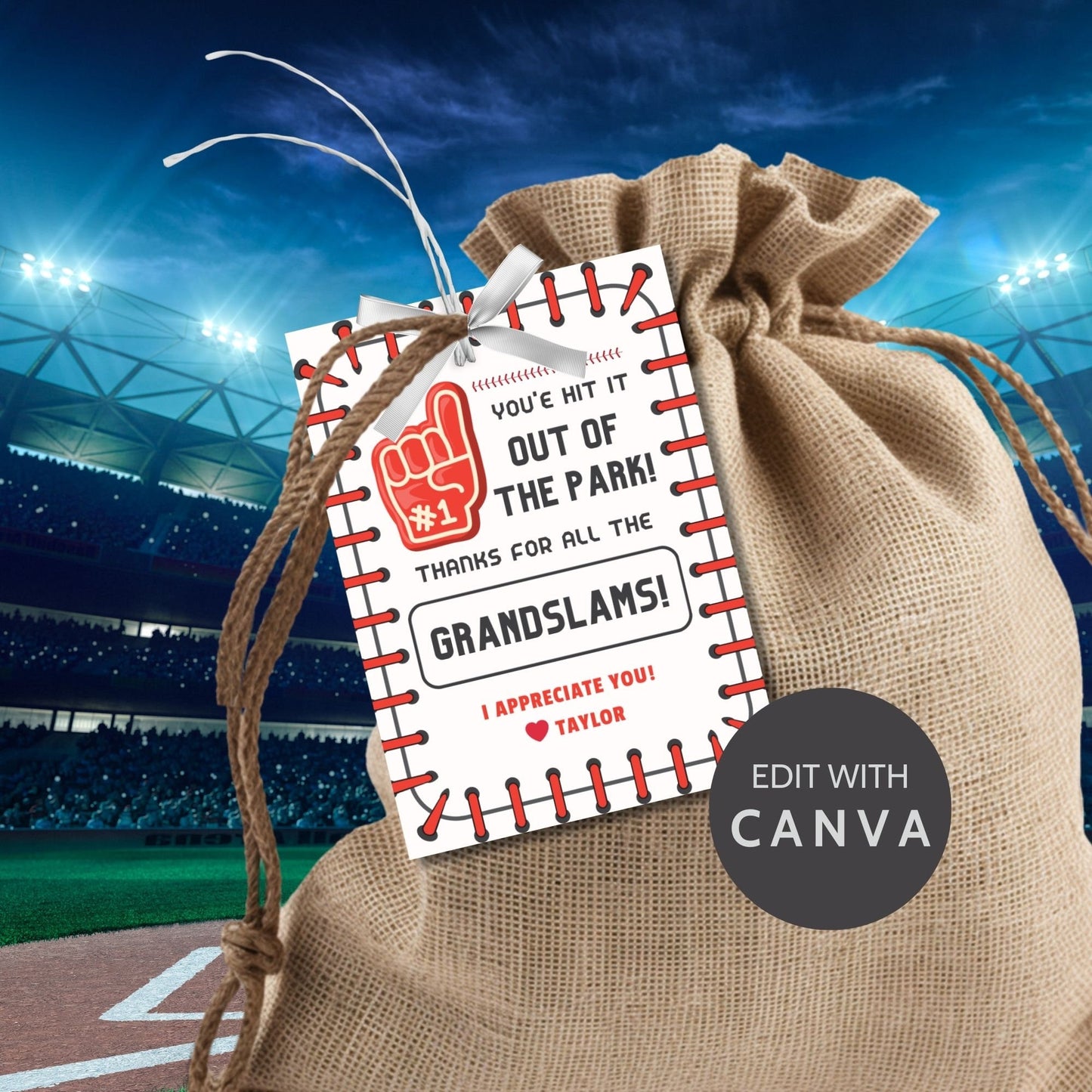 Image showcasing YOUVE HIT IT OUT OF THE PARK! THANKS FOR ALL THE GRANDSLAMS! Tags have customizable names and are perfect for baseball-themed appreciation gifts to teachers, staff, and more.