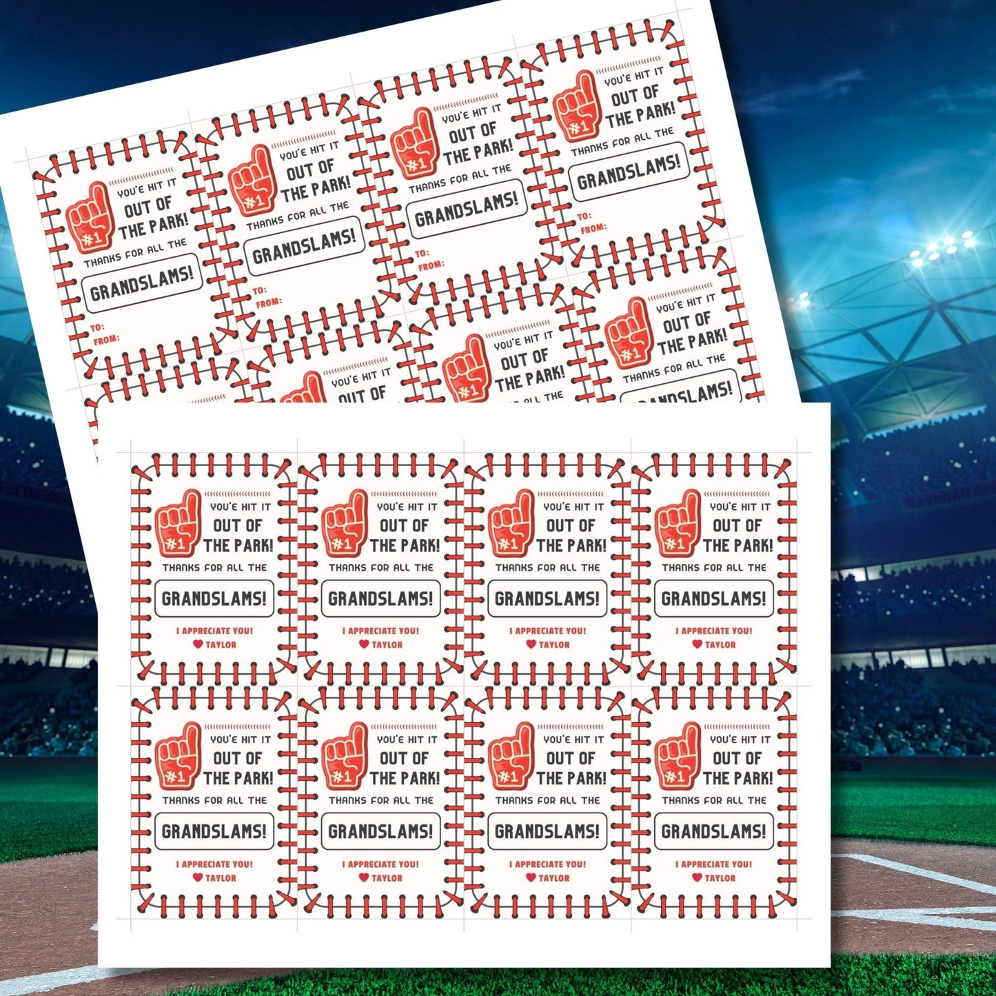 Image showcasing YOUVE HIT IT OUT OF THE PARK! THANKS FOR ALL THE GRANDSLAMS! Tags have customizable names and are perfect for baseball-themed appreciation gifts to teachers, staff, and more.