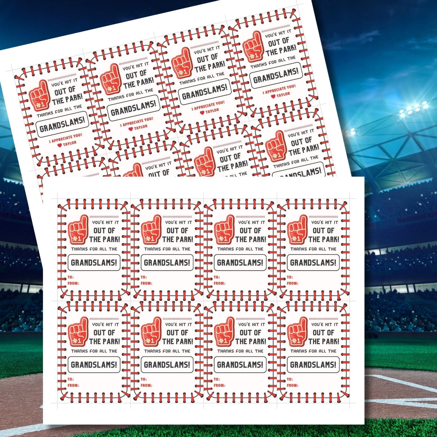 Image showcasing YOUVE HIT IT OUT OF THE PARK! THANKS FOR ALL THE GRANDSLAMS! Tags have customizable names and are perfect for baseball-themed appreciation gifts to teachers, staff, and more.