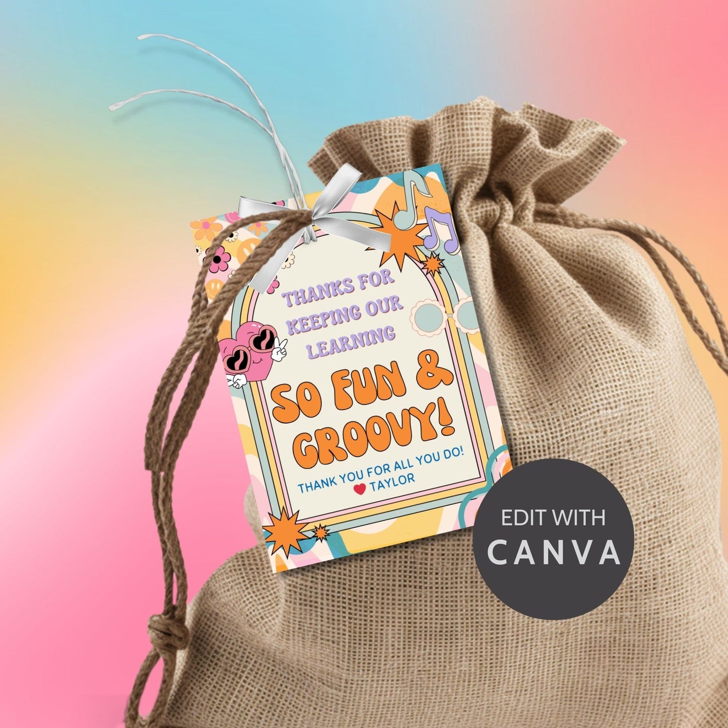 Image featuring THANKS FOR KEEPING OUR LEARNING SO FUN & GROOVY! Tags express gratitude with a colorful retro design and customizable names. Ideal for appreciation gifts to teachers, staff, nurses, and more.