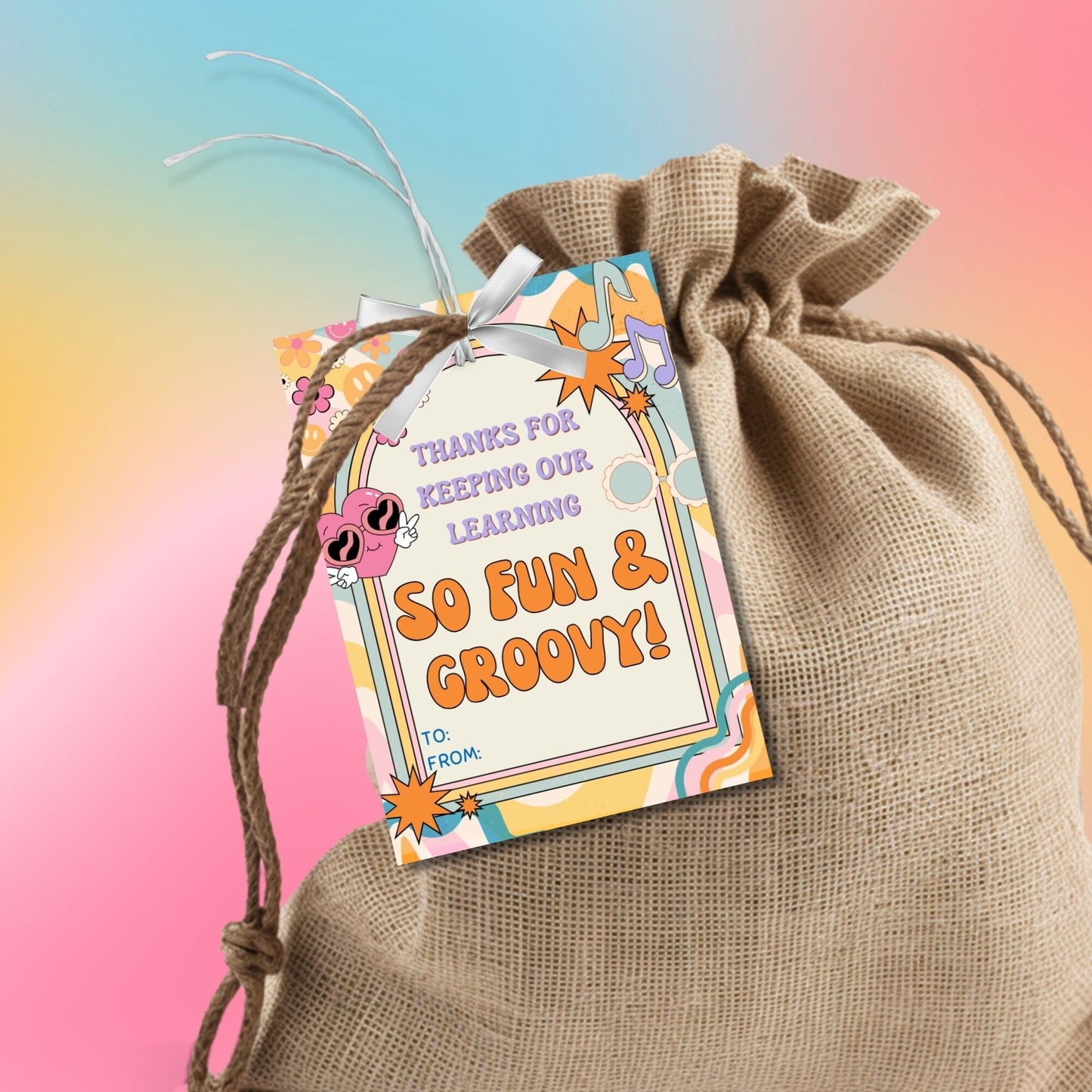 Image featuring THANKS FOR KEEPING OUR LEARNING SO FUN & GROOVY! Tags express gratitude with a colorful retro design and customizable names. Ideal for appreciation gifts to teachers, staff, nurses, and more.
